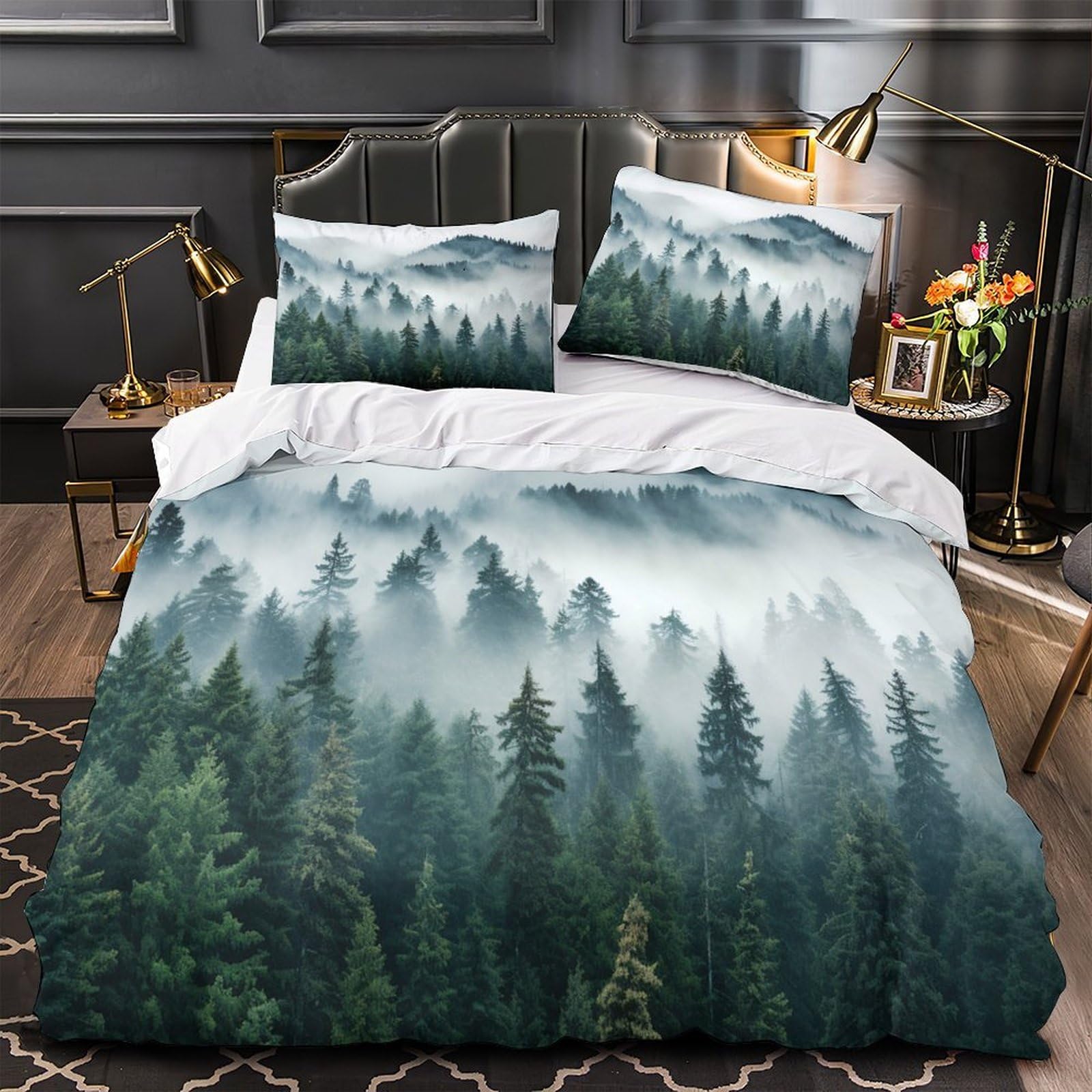 Housse de couette 200x200 hypoallergique en microfibre respirante imprimée 3D forêt