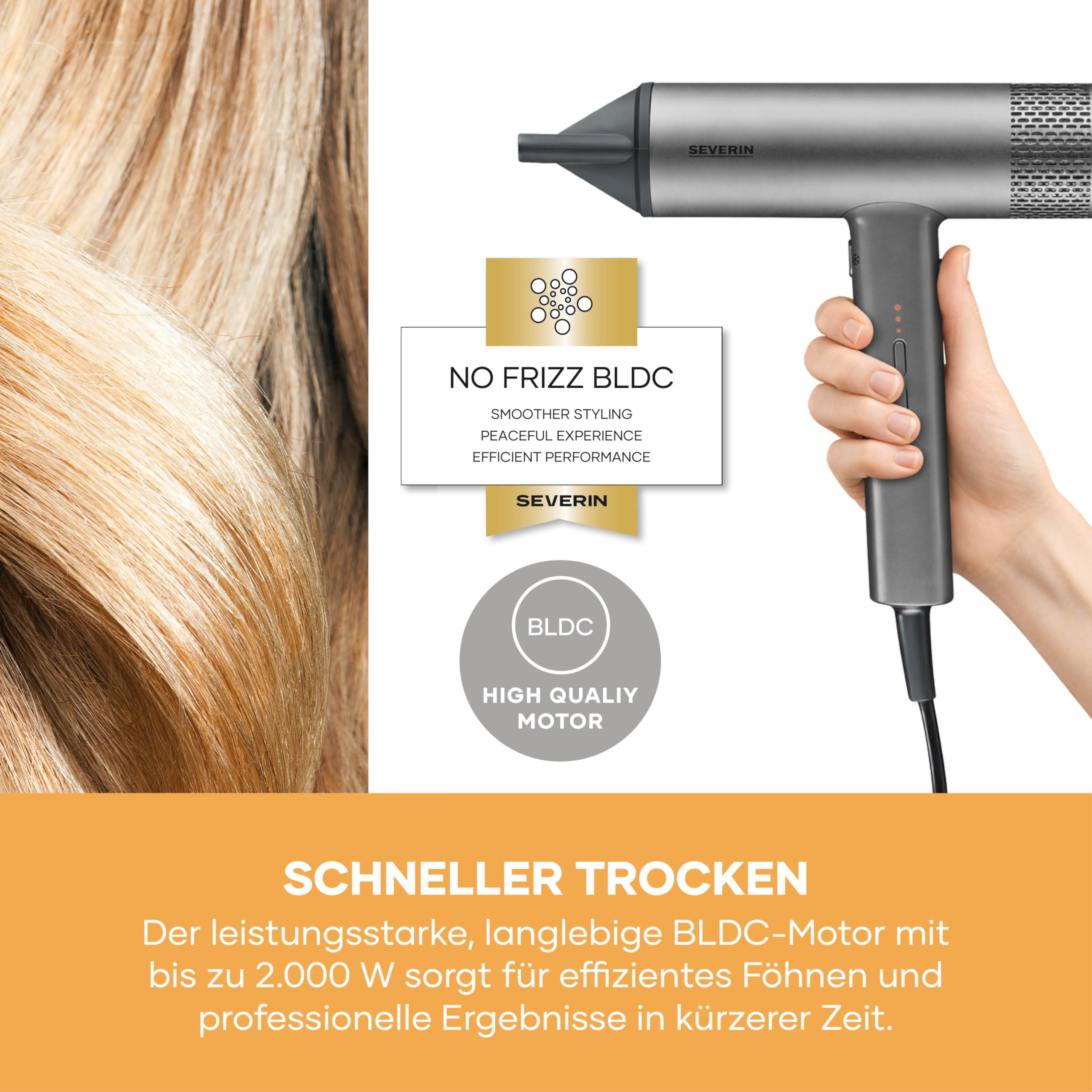 Severin Ionen-Haartrockner inkl. Diffusor, Konzentrator, leistungsstarker Föhn und langlebiger Haar-Trockner, BLDC-Motor, Ionic-Technologie, S-Style Speed Pro, 2,8m Kabel, 2.000W, anthrazit, HT 0171