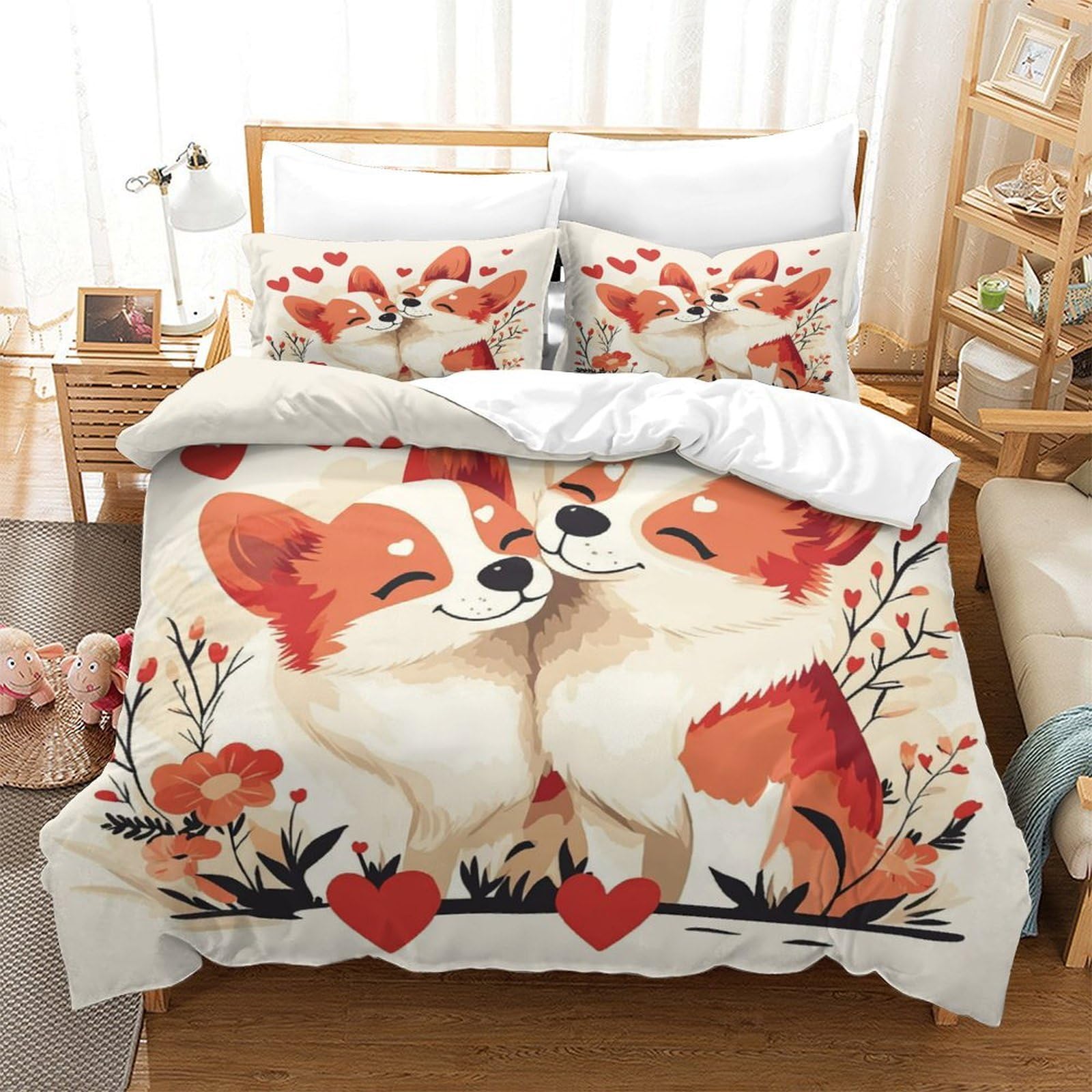 Corgi-Pärchen 3D-Bedruckt 3er-Set Kuschelbezug Romantischer Cartoon-Stil Bettbezug Mikrofaser Staubmilbenfest Hypoallergen für Jungen Mädchen Frauen Super King（260x220cm）