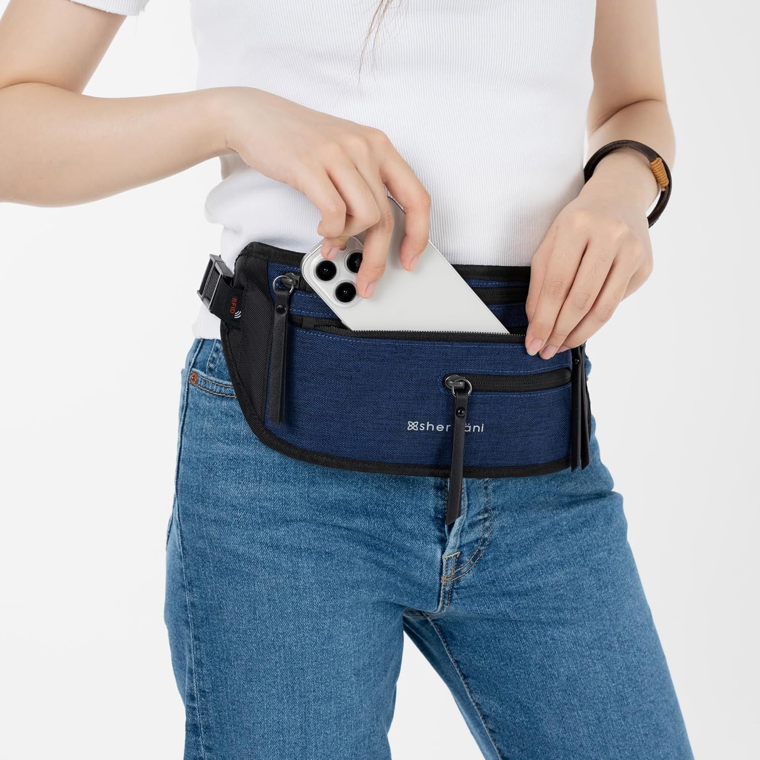Sherpani Jett, Travel Money Belt, Secure Waist Bag, Slim Passport Holders, Blocking Hidden Wallet Belt Bag, Fanny Pack for Women, Travel Gift, RFID Protection (Indigo Lite)
