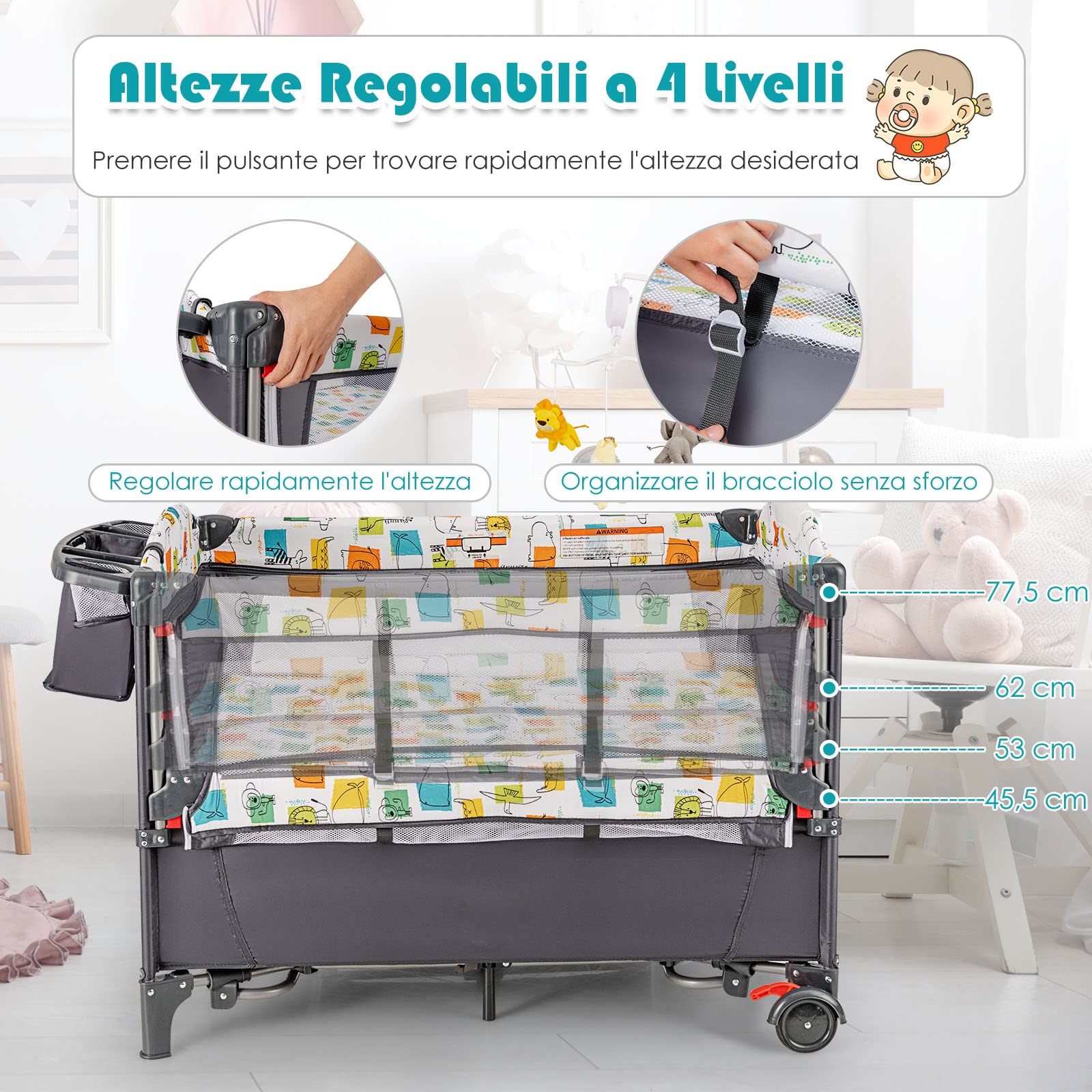 COSTWAY 5 in 1 Lettino da Campeggio per Bambini, Lettino con Materasso per Neonato, Culla da Viaggio con Fasciatoio, Altezza Regolabile, Ruote con Freno, per Bambini 0-36 Mesi (Grigio)