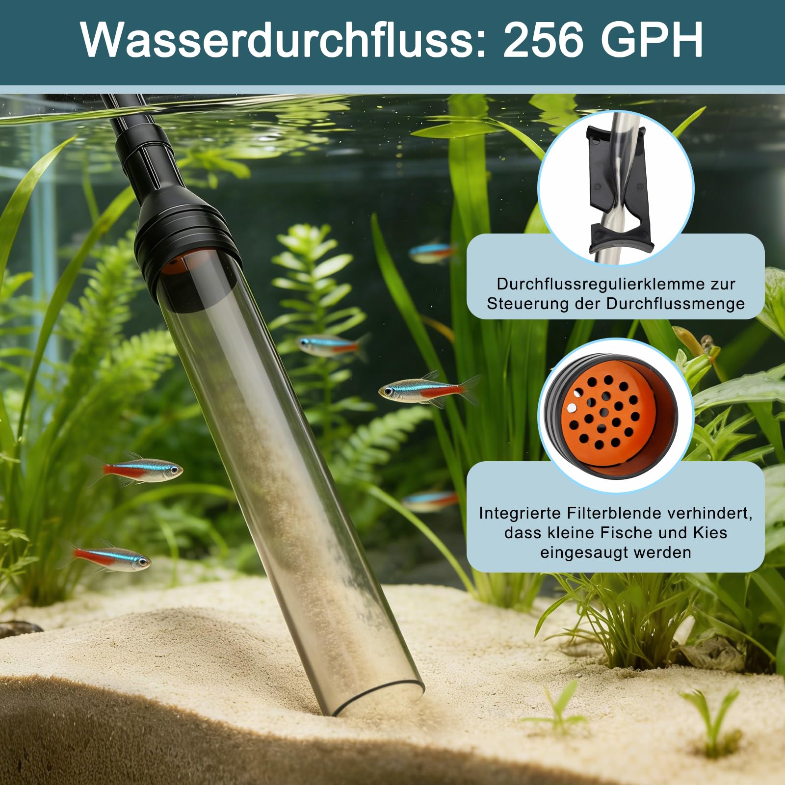 hygger Mulmsauger Aquarium, 969 L/H Aquarium Sauger Reinigungsset | Geeignet für Niedrige Wasserstände, Integrierter Kneif & Greifsaugball, Verstellbare Länge Größe L Mittelgroßes Aquarium