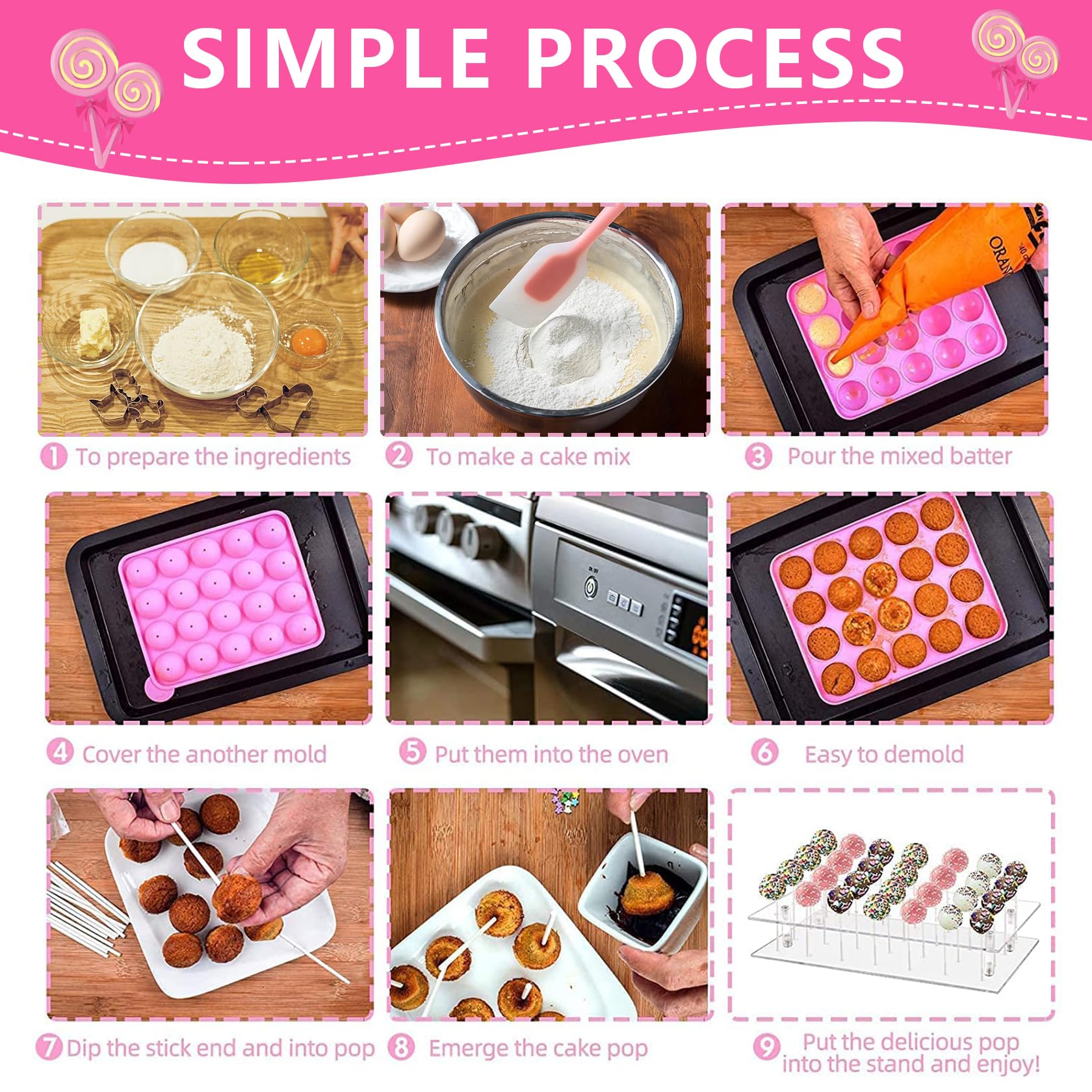 MOFASVIGI Lot de 302 moules à cake pop avec 1 support en acrylique, 1 set de moules en silicone, 100 sacs transparents, 100 bâtonnets de traitement, 100 nœuds papillon doré