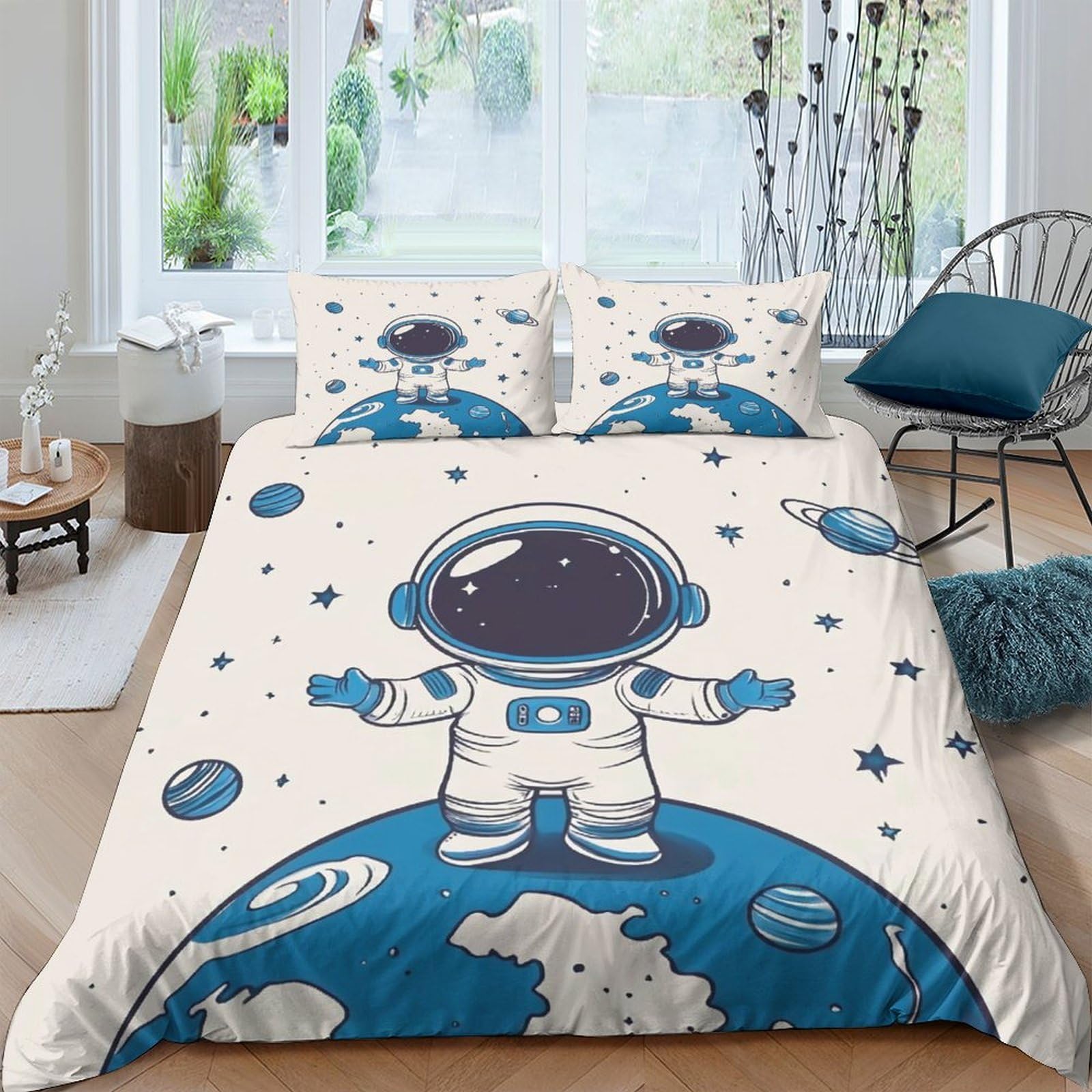 Ctjqhvkz Style-7 3D Printed Cartoon Astronaut Fitted Sheet Microfiber Soft Space Planet Mattress Cover For Kids Teens Bedroom Decor Single（135X200cm）