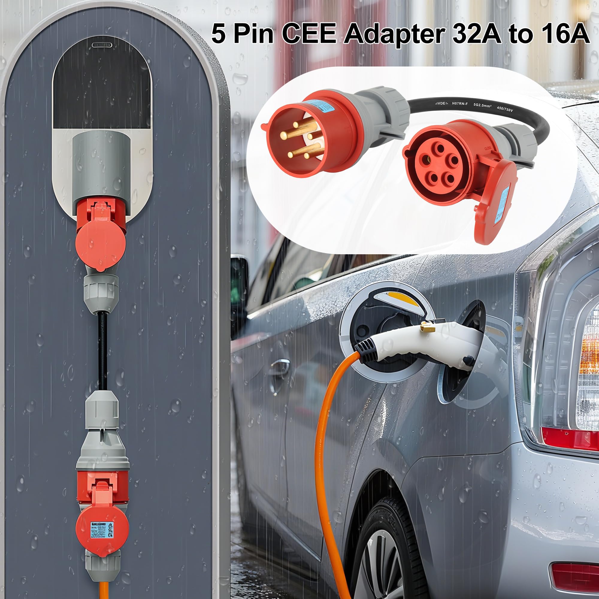 CEE Adapter 16A stekker naar 32A koppeling, 3-fasen, 380-400V, 5-polig, H07RN-F 5G 2,5 mm² kabel, IP44 waterdicht (16-32 CEE Adapter 16A stekker naar 32A koppeling, 3-fasen, 380-400V, 5-polig, H07RN-F 5G 2,5 mm² kabel, IP44 waterdicht (16-32