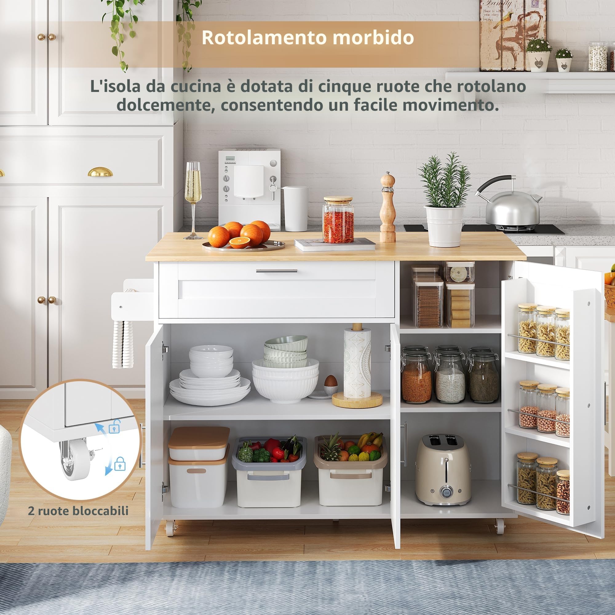 Carrello per isola da cucina con piano di lavoro pieghevole, armadio da cucina su ruote con cassetto e portaspezie e 3 ante, isola da cucina mobile, per cucina e sala da pranzo, 132,5 x 44 (70