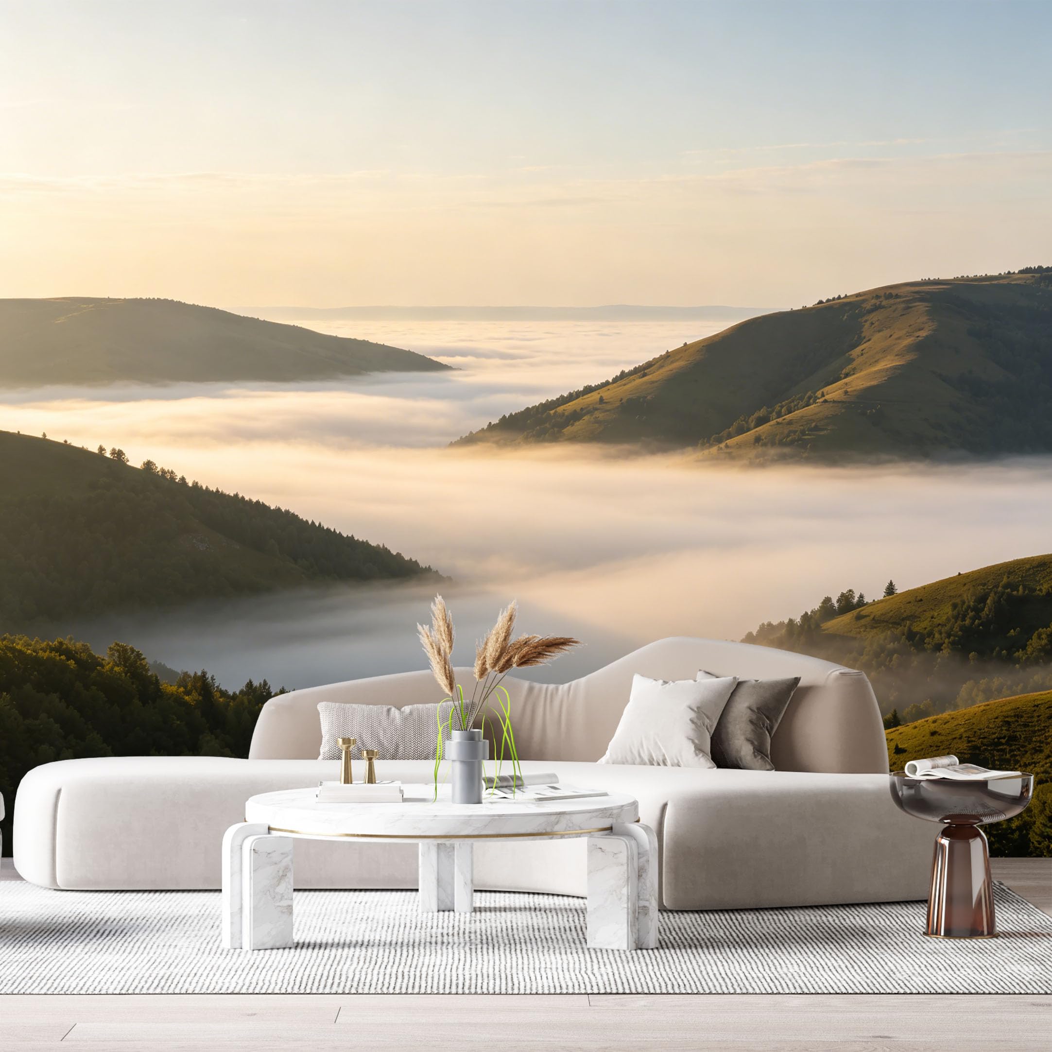 Custom Size Wall Murals Misty Mountain Landscape Sunrise Valleys Forest Hills SelfAdhesive Wall Fabric Removable Large Wallpaper for Photo Living Room