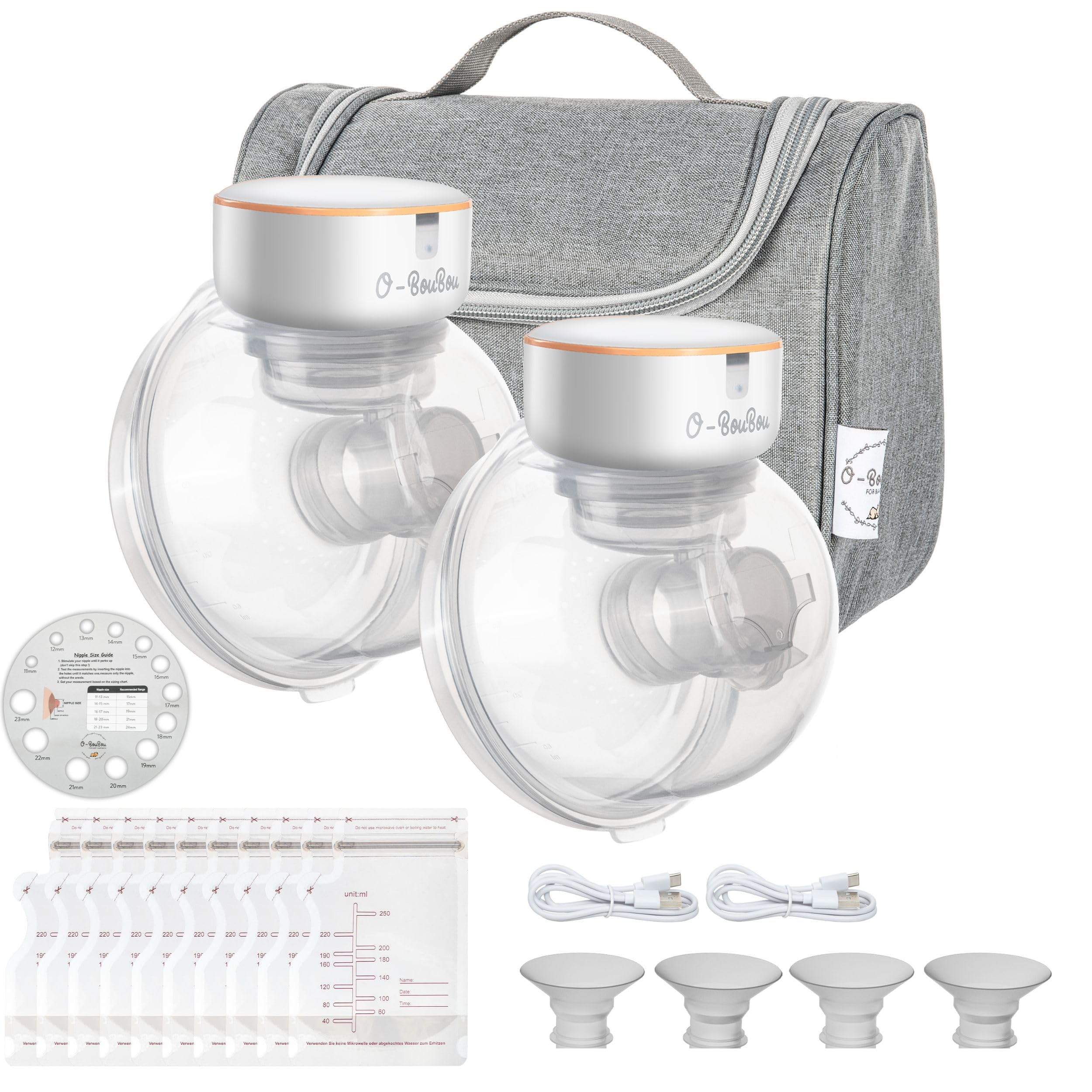 2 x Tiralatte Elettrico senza BPA - Tiralatte Elettrico Indossabile a Mano Libera in Silicone Con Batteria a Lunga Durata - 12 Livelli e 4 Modalità - Flange da 24 mm + 4 Inserti Flange (19/21 mm)