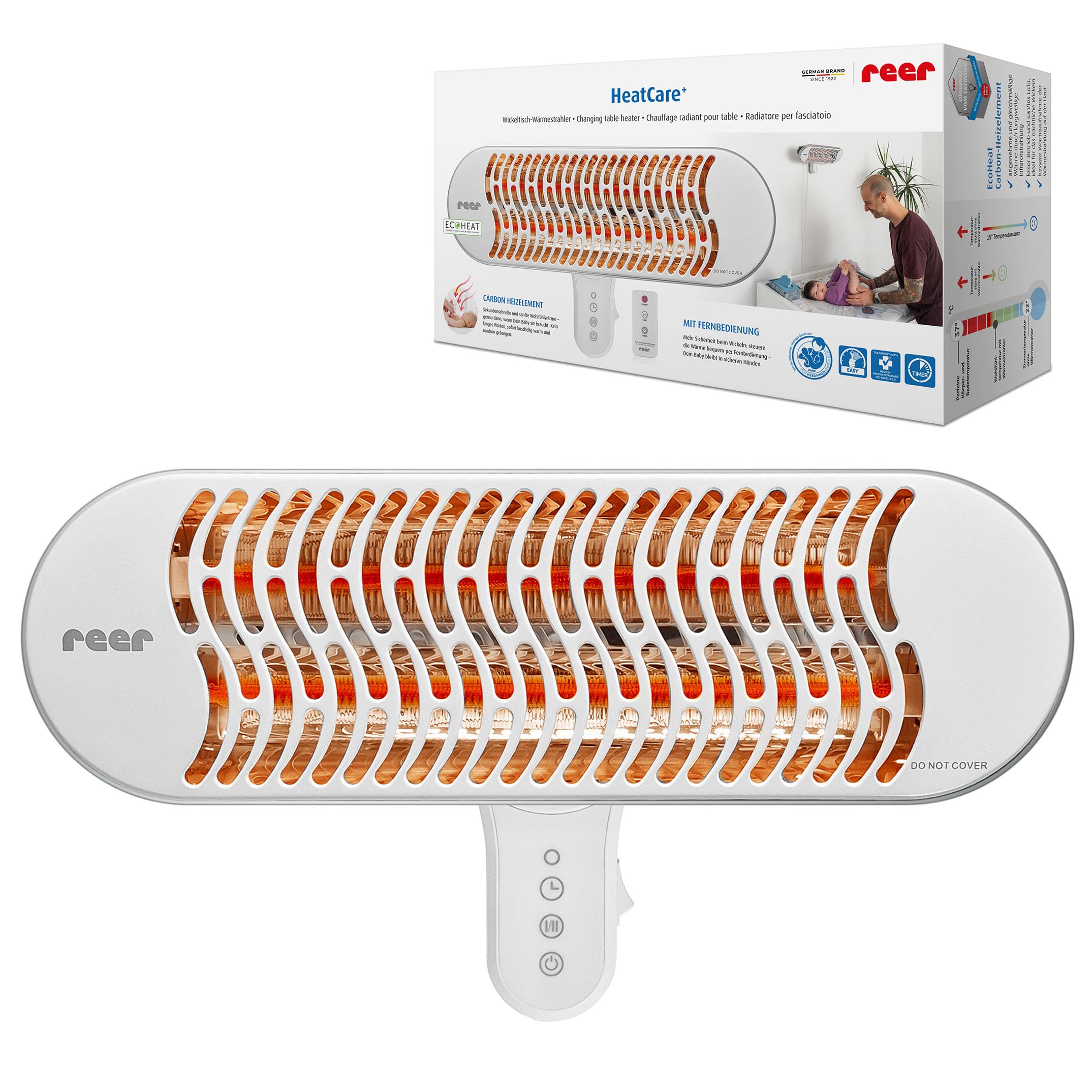 reer HeatCare+ Wickeltisch-Wärmestrahler | EcoHeat Carbon Heizelement | Infrarot-Heizstrahler mit neigbarem Kopf | Wärmespender für Babys | Energiesparend | Wandgerät mit Fernbedienung