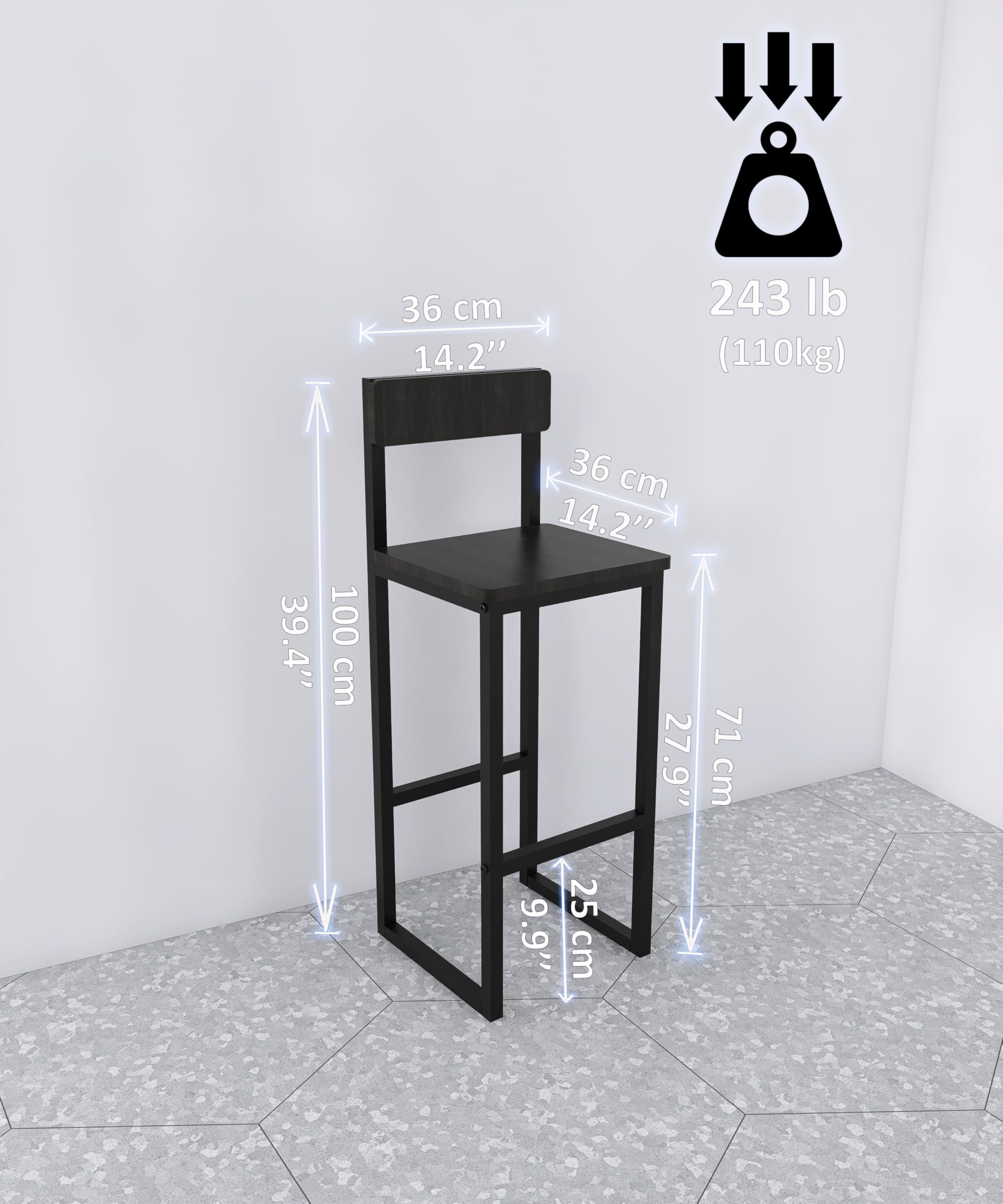 Juego de 2 taburetes de bar de 27 pulgadas de altura de mostrador con respaldo y reposapiés, marco de metal de asiento de madera negra, sillas de bar de fácil montaje para isla de cocina, comedor 3