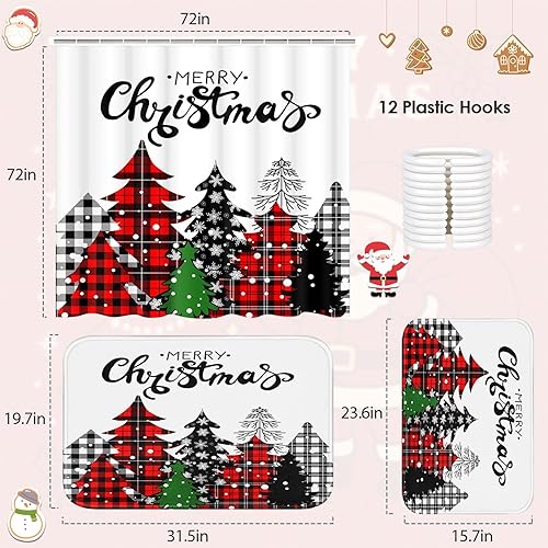 Miniatura 2 de ArtSocket Juego de baño de árbol de Navidad con cortina de ducha y accesorios de alfombras, juego de cortinas de ducha rojas a cuadros búfalos