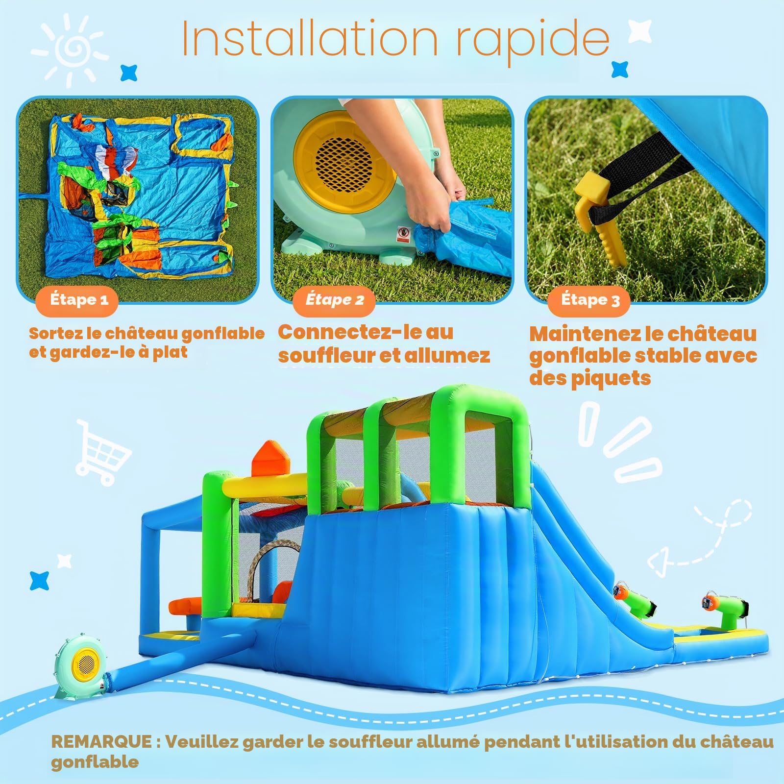Château Gonflable Grand avec 2 Toboggans d’Eau pour Enfants, Parc Aquatique Gonflable avec Trampoline, Piscine, Panier de Basket et Mur d’Escalade, Usage Intérieur et Extérieur 445 x 403 x 200 cm