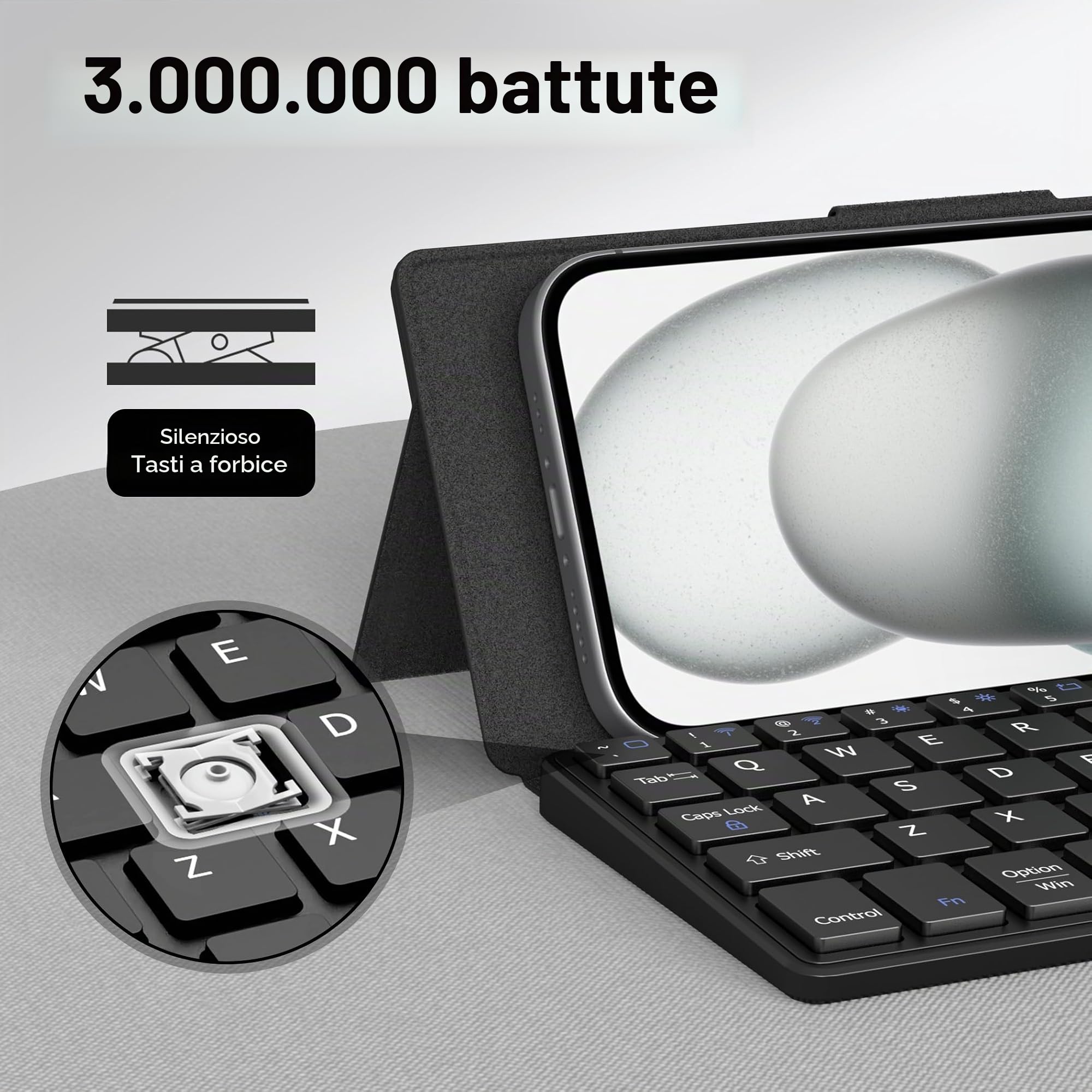 CACOE Tastiera Bluetooth pieghevole, mini per cellulare, ultra sottile, portatile, a doppio canale, con supporto smartphone