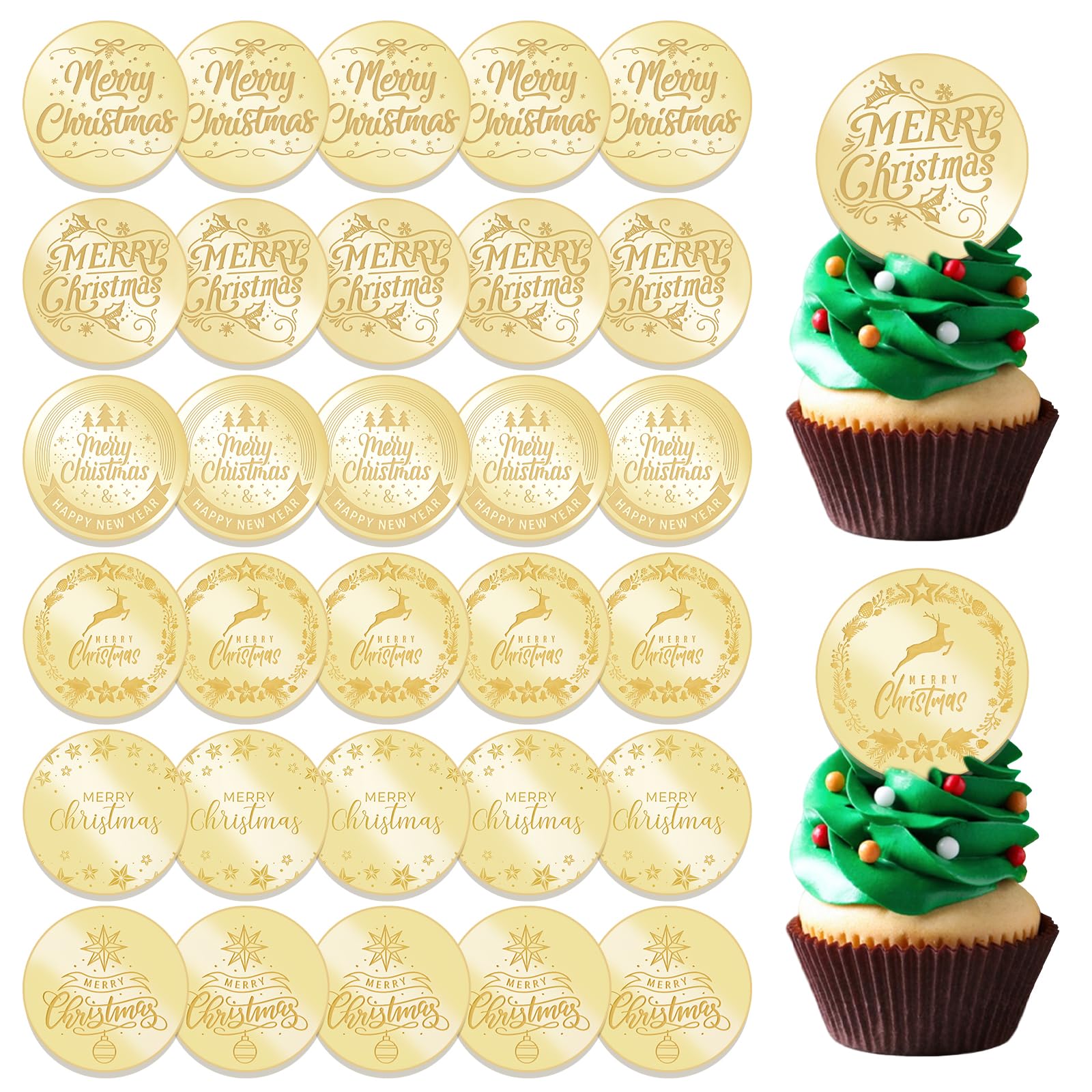 URROMA 30Pcs Merry Christmas Cupcake Toppers, 6 Designs Golden Round Acrylic Cupcake Charms