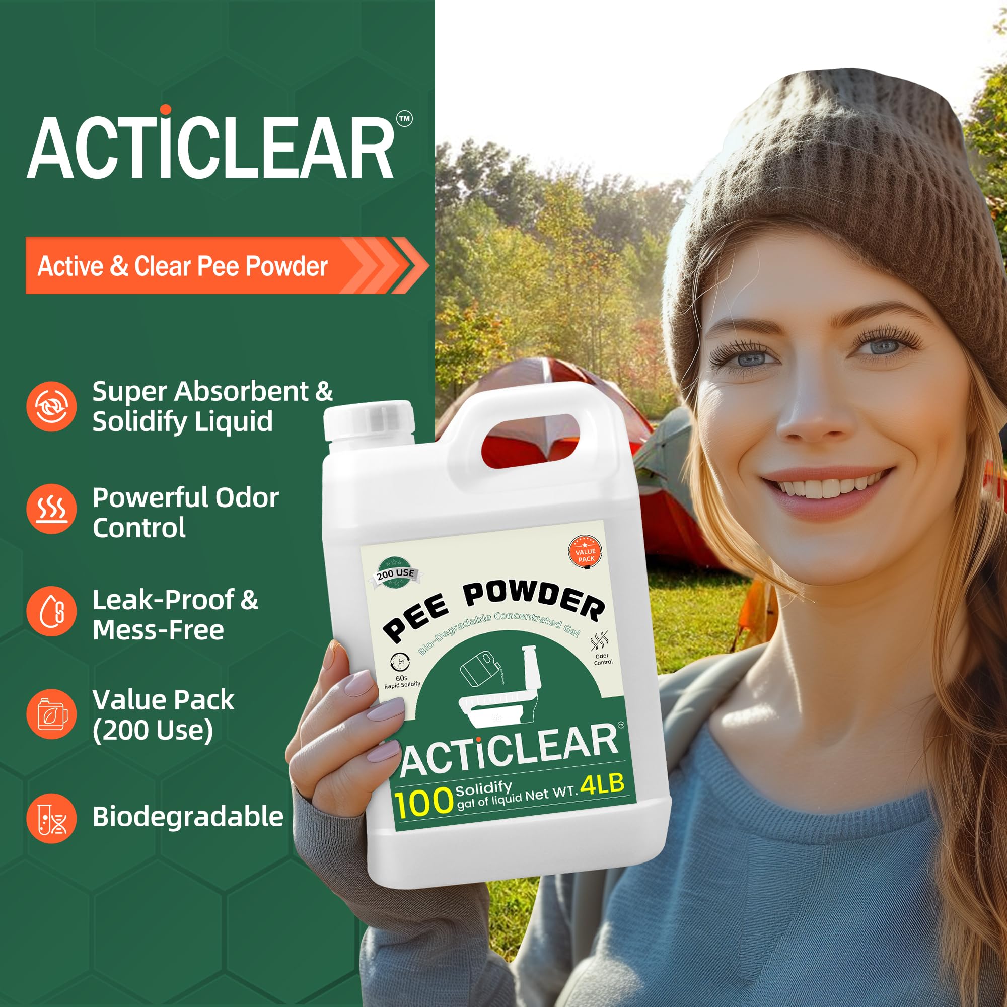 Pee Powder Gel – 2/4 libras rápida absorción en 60 segundos y neutralizador de olores para inodoros portátiles, camping y artículos esenciales al aire libre