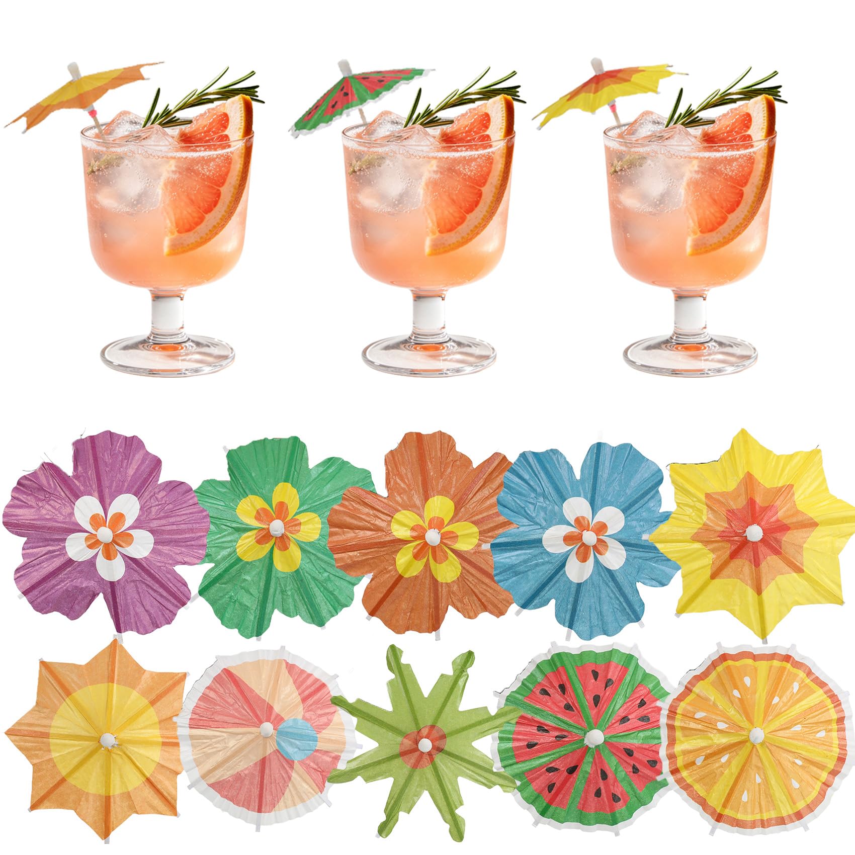 150 Pcs Summer Cocktail Umbrellas for Drinks, Cocktail Accessories Drink Toppers, 10 Styles Mini Paper Umbrellas for Appetizers, Skewer Sticks for Hawaiian Tiki Party Decor Supplies