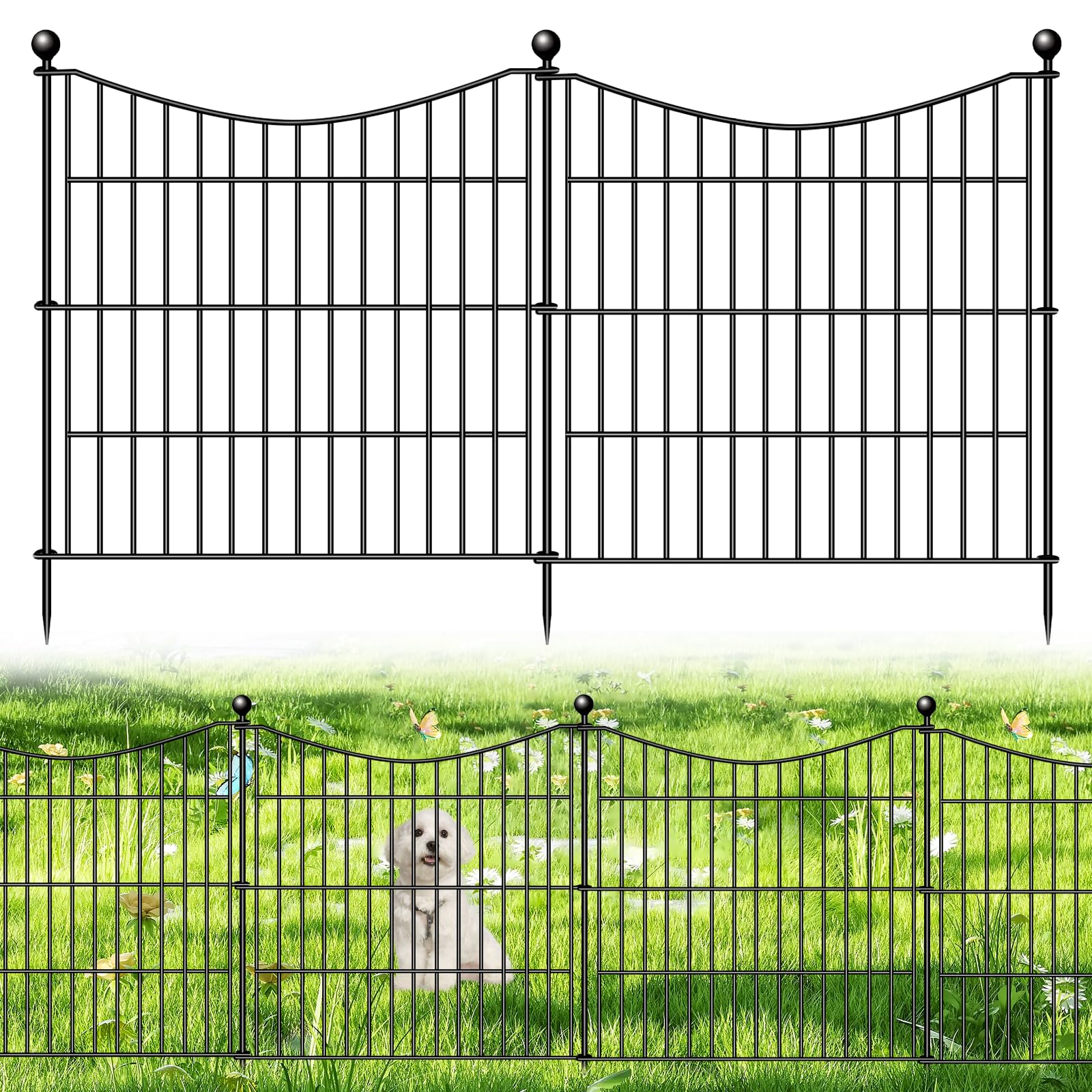 10 Panels No Dig Dog Fence Outdoor for Yard, 24 in(H) X 20 ft(L) Decorative Tall Garden Fence Animal Barrier, Rustproof Metal Wire Garden Edging and Borders, Temporary Fencing Stakes