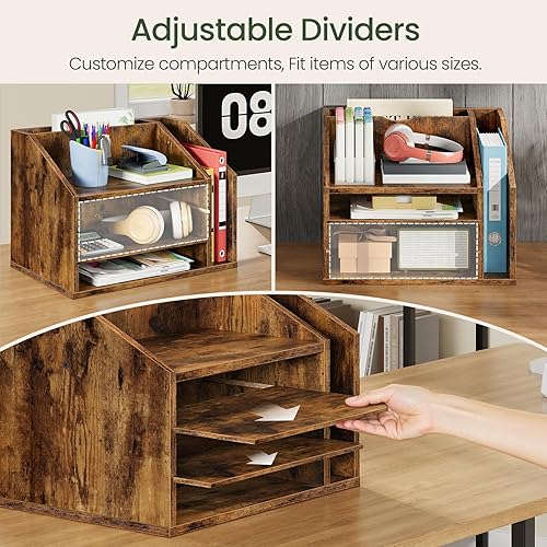Miniatura 2 de Organizador de escritorio de madera con particiones ajustables, soporte de archivos de escritorio de varias capas para oficina en casa, organizador