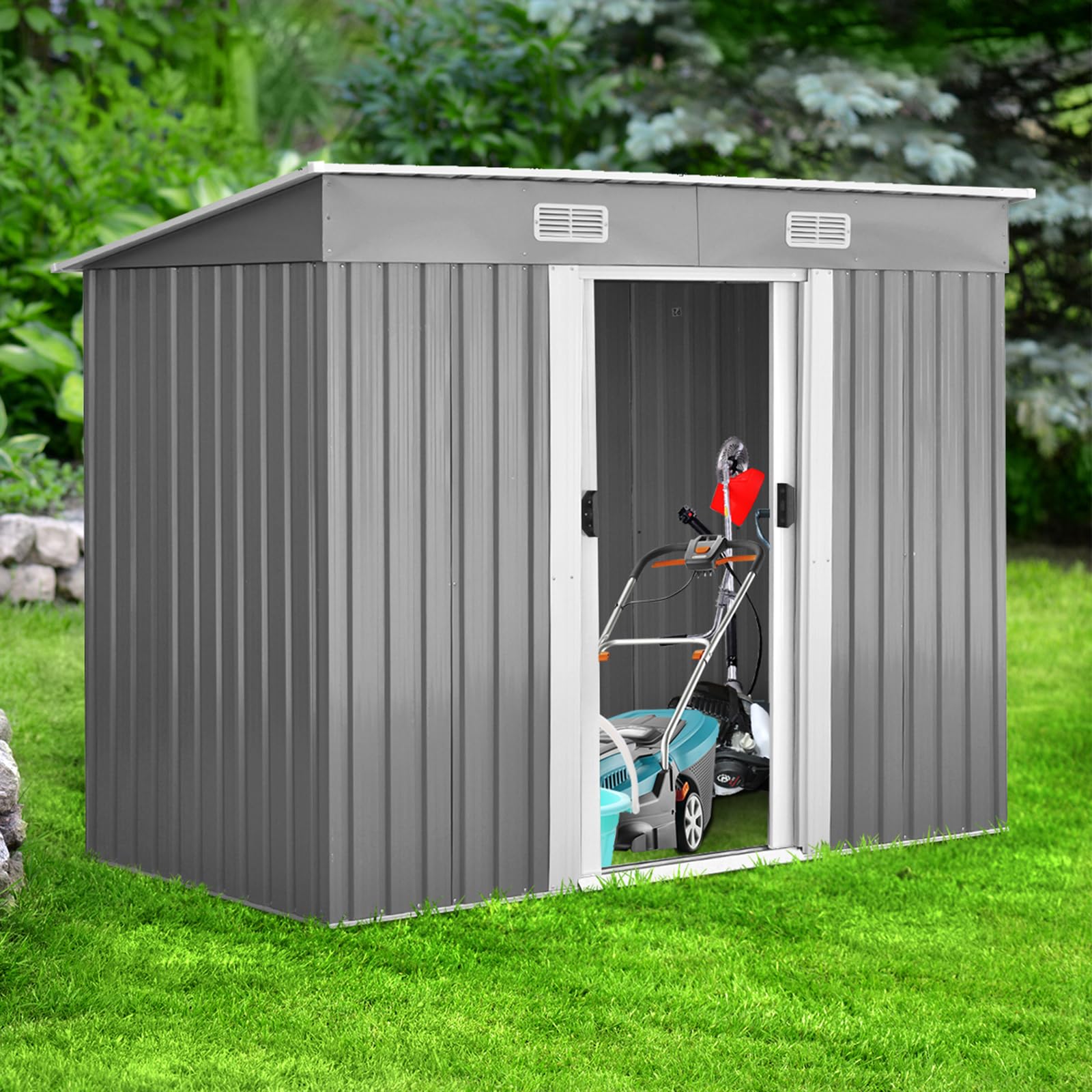 COSTWAY Casetta da Giardino Porta Attrezzi in Lamiera Acciaio Zincato, con Sfoghi, Ante Scorrevoli e Maniglie, Capanno da Esterno per Cortile, Giardino e Fattoria, 238 x 131 x 181 cm