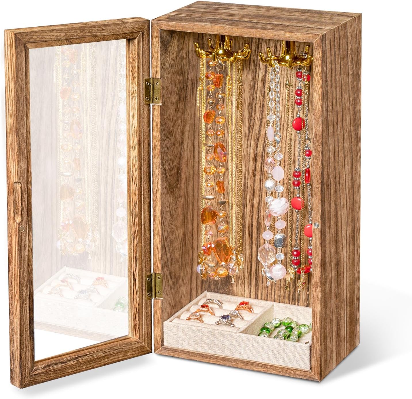 SINGLBA Necklace Holder Organizer, Wooden Jewelry Box for Women Girls, Rotatable Jewelry Organizer Case with Ring Tray Display & Storage for Necklaces Bracelets Rings Earrings, Gifts for Women Her