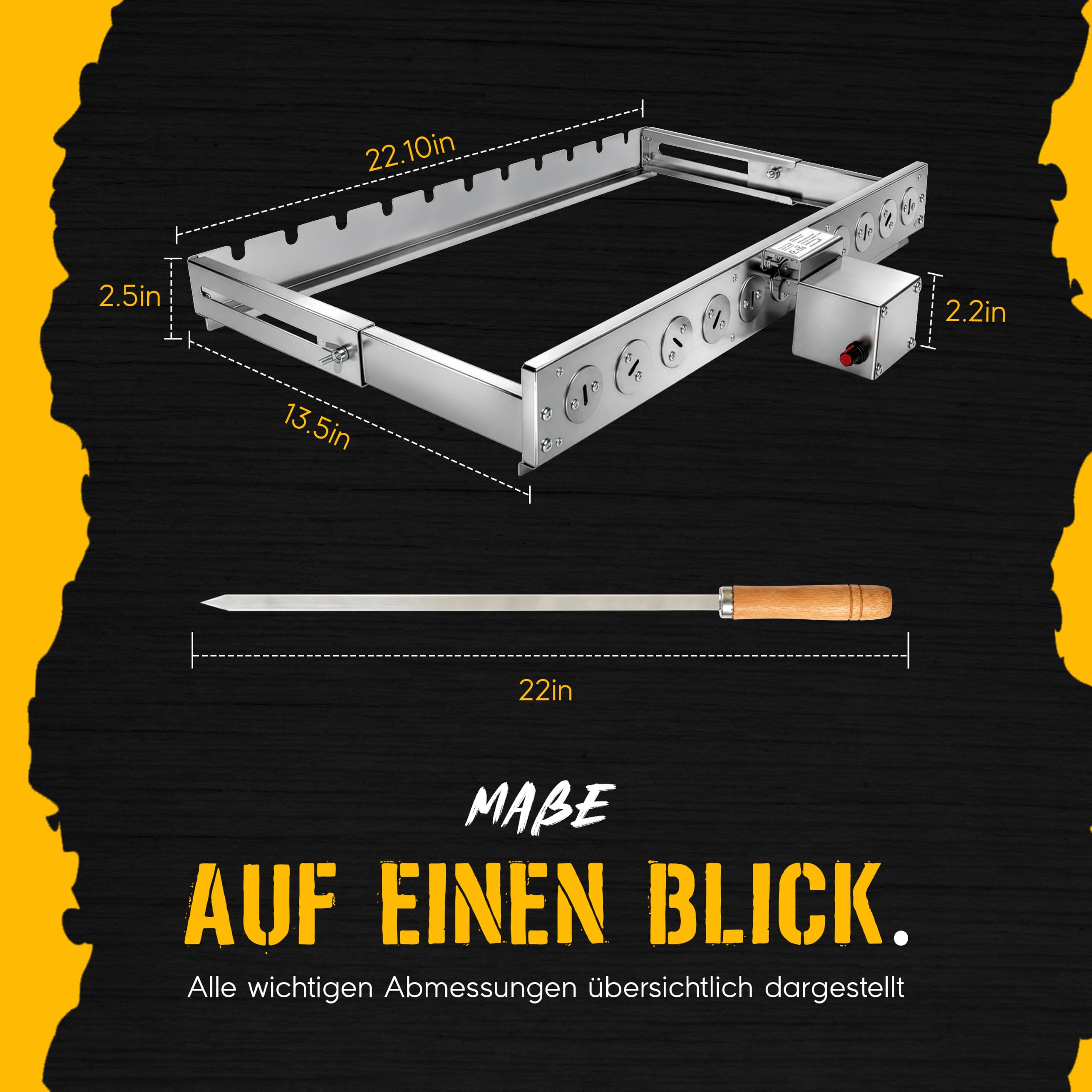 Elektrischer Spießdreher BBQ Rotisserie Set mit regulierbaren Motor – Edelstahl Grillaufsatz für Gas-, Holzkohle- & Elektrogrill – verstellbar, breit 58 cm – 220V + USB (Ohne 11 Spießen)