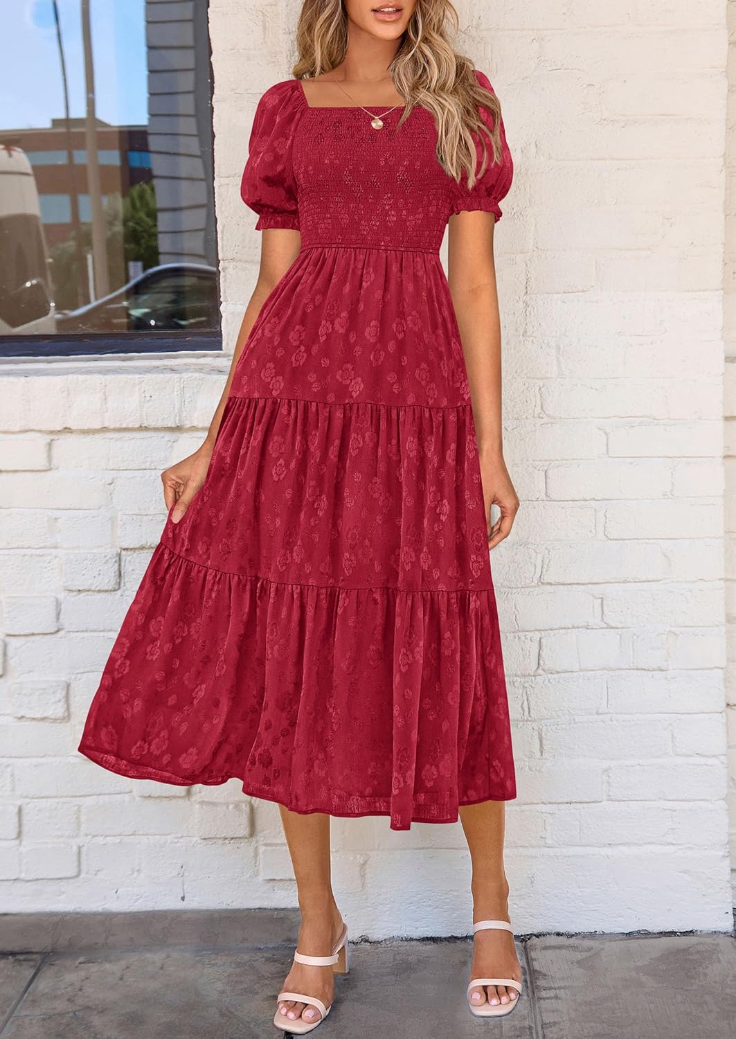 PRETTYGARDEN Women's 2026 Summer Casual Midi Dresses Square Neck Short Sleeve Smocked A Line Floral Flowy Elegant Boho Dress - Image 5