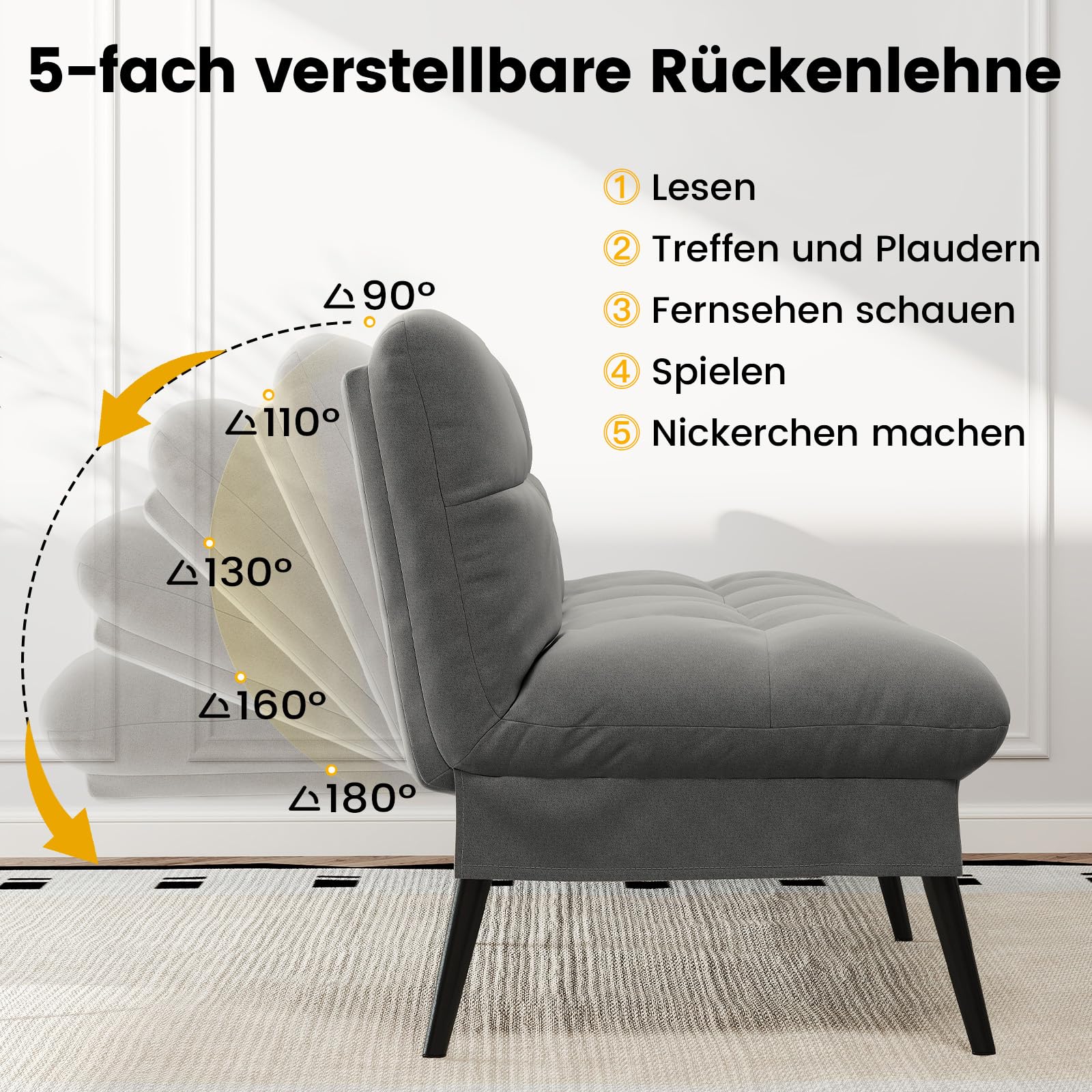 LUCKRACER Sofa 3 Sitzer Sofa Schlafsofa mit Schlaffunktion, überzug Futon Klappsofa, Bettcouch, ecksofa, Couch, 5 Verstellbare Winkel, Ideal für Wohnungen Wohnzimmer aus Stoff Grau