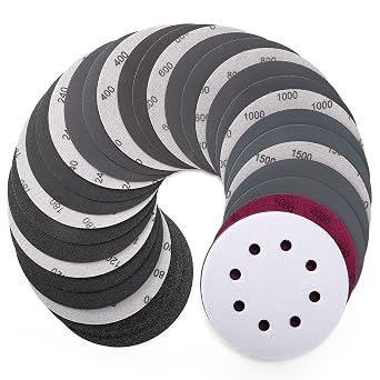 POLIWELL 5 Inch Sanding Discs 8-Hole Hook and Loop Sandpaper Wet Dry Sanding Sheets 80 to 2000 Assortment Grits 50 Pack with 5 Interface Pad for Random Orbital Sander Automotive Wood Metal Plastic