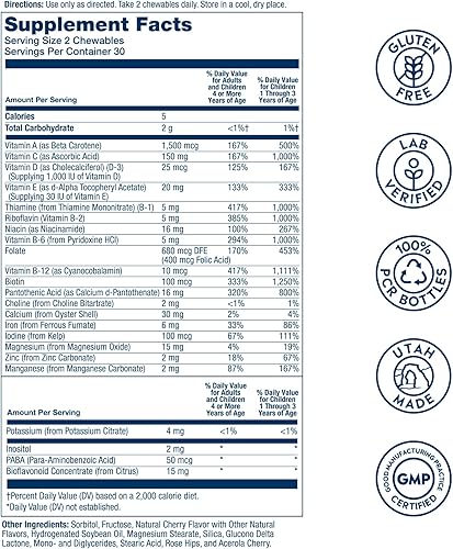 Miniatura 2 de Solaray Vitaminas y minerales para niños, multivitamínico completo para niños, gran sabor a cereza negra (076280047974) (60 masticables, 30