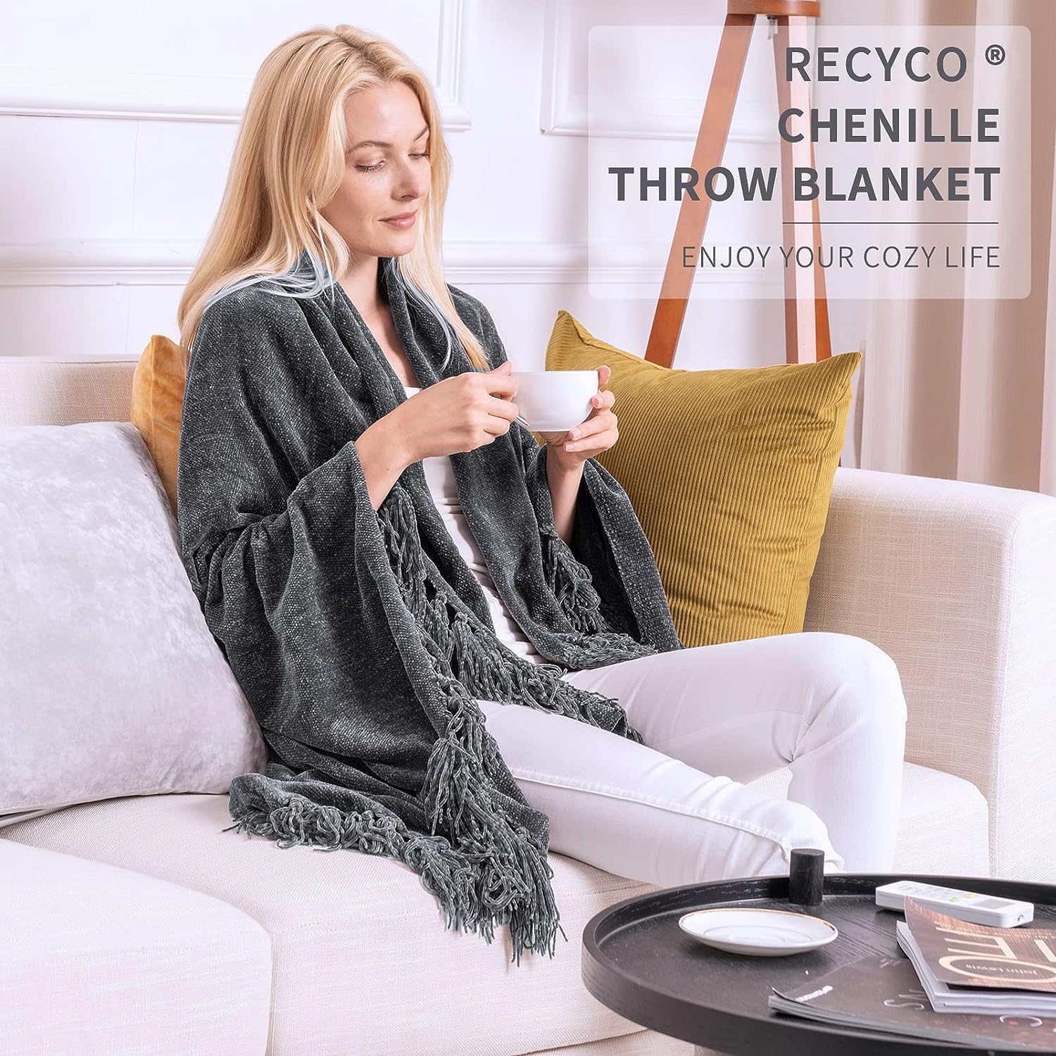 RECYCO Chenille Throw Blanket with Tassels Soft Cozy Sofa Chair Bed Gift,  152x127cm, Grey : Amazon.co.uk: Home u0026 Kitchen