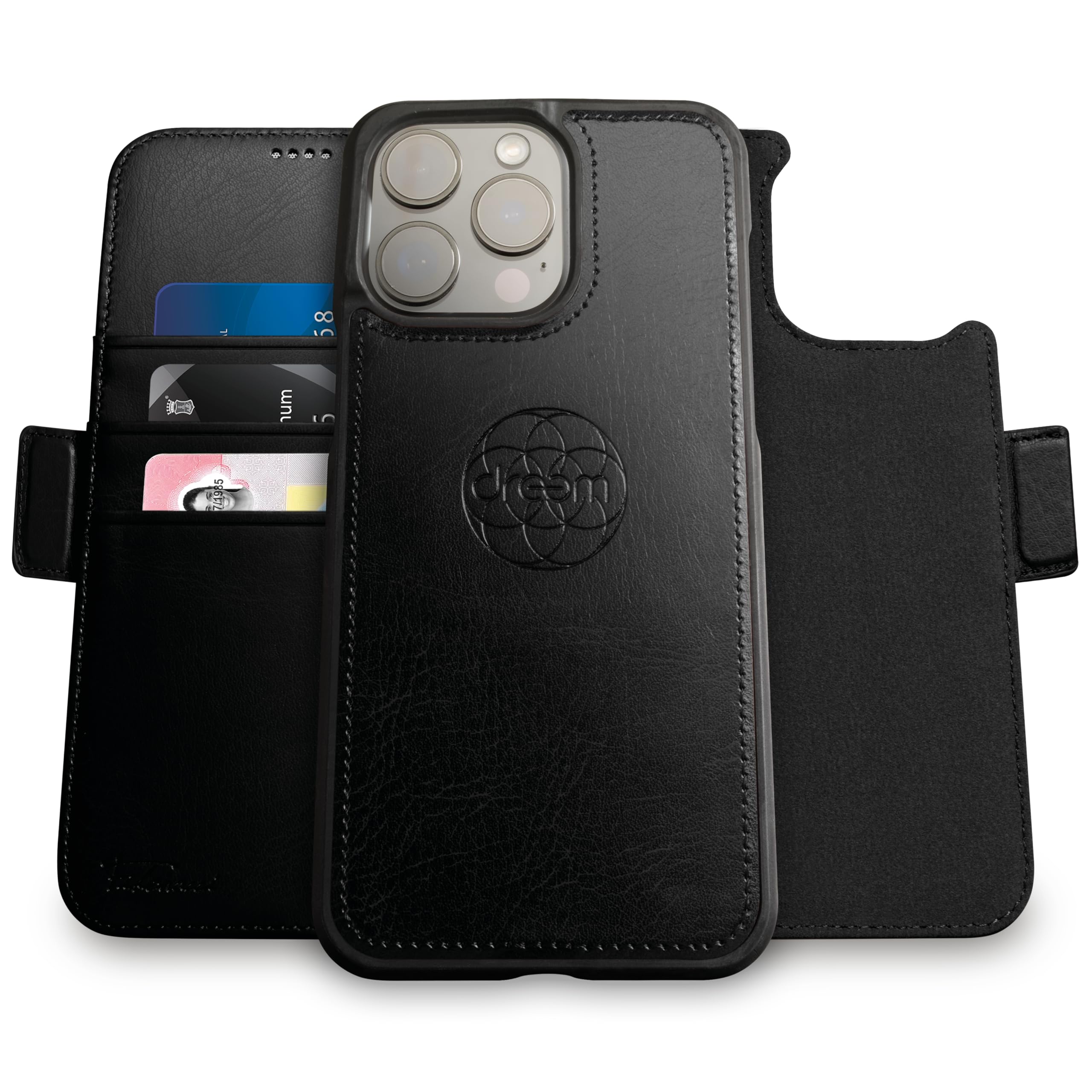 Dreem Fibonacci iPhone 14 Pro Geldbörsen-Hülle / 2-in-1 Stoßfestes MagSafe Case und abnehmbares Luxus-Vegan-Leder-Folio mit RFID-Kartenschutz und Ständer; für Frauen und Männer - Schwarz
