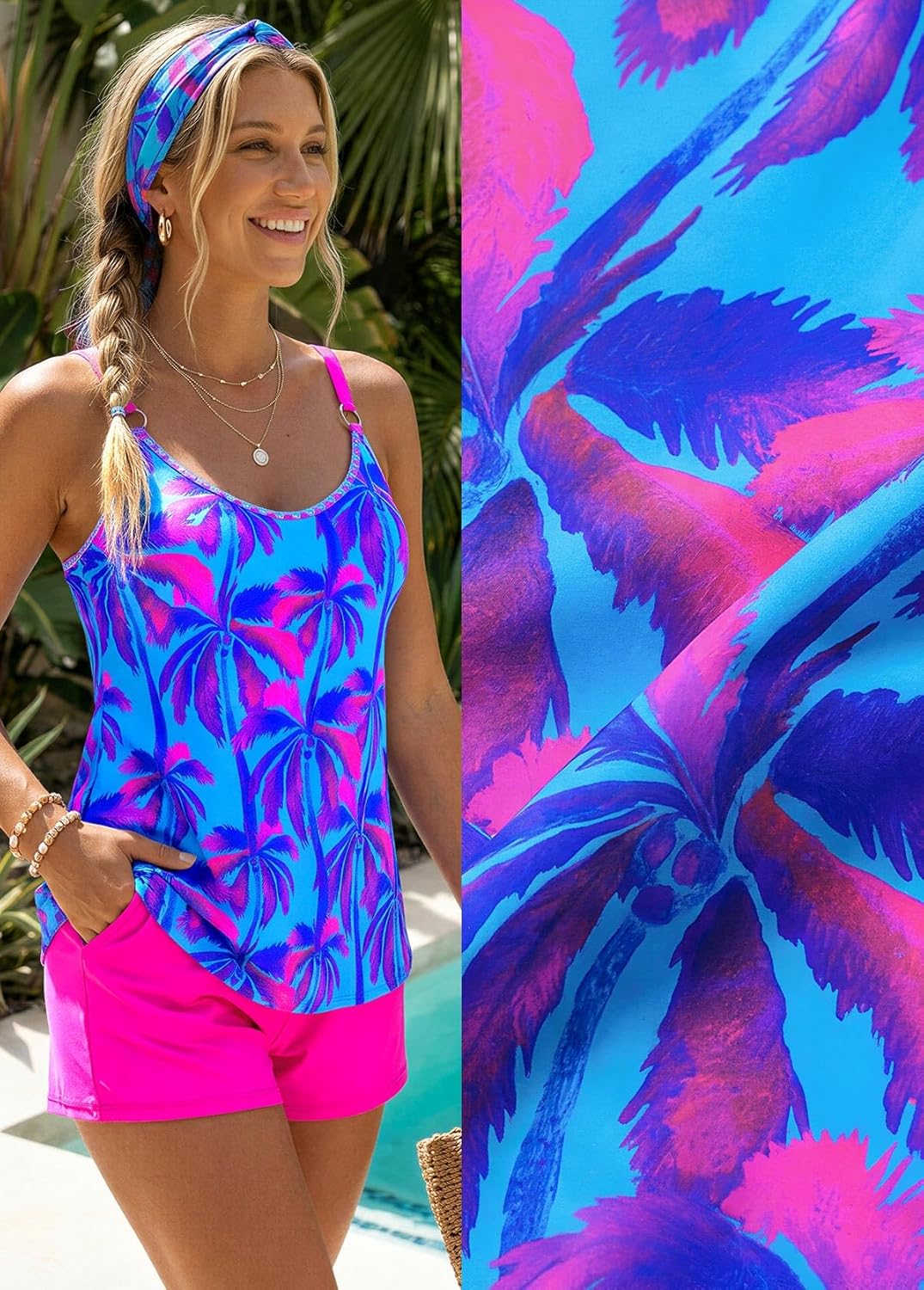 MODLILY Tropical Print Tankini Swimsuits for Women, Modest Two Piece Bathing Suits, Tank Top with Pocket Board Shorts
