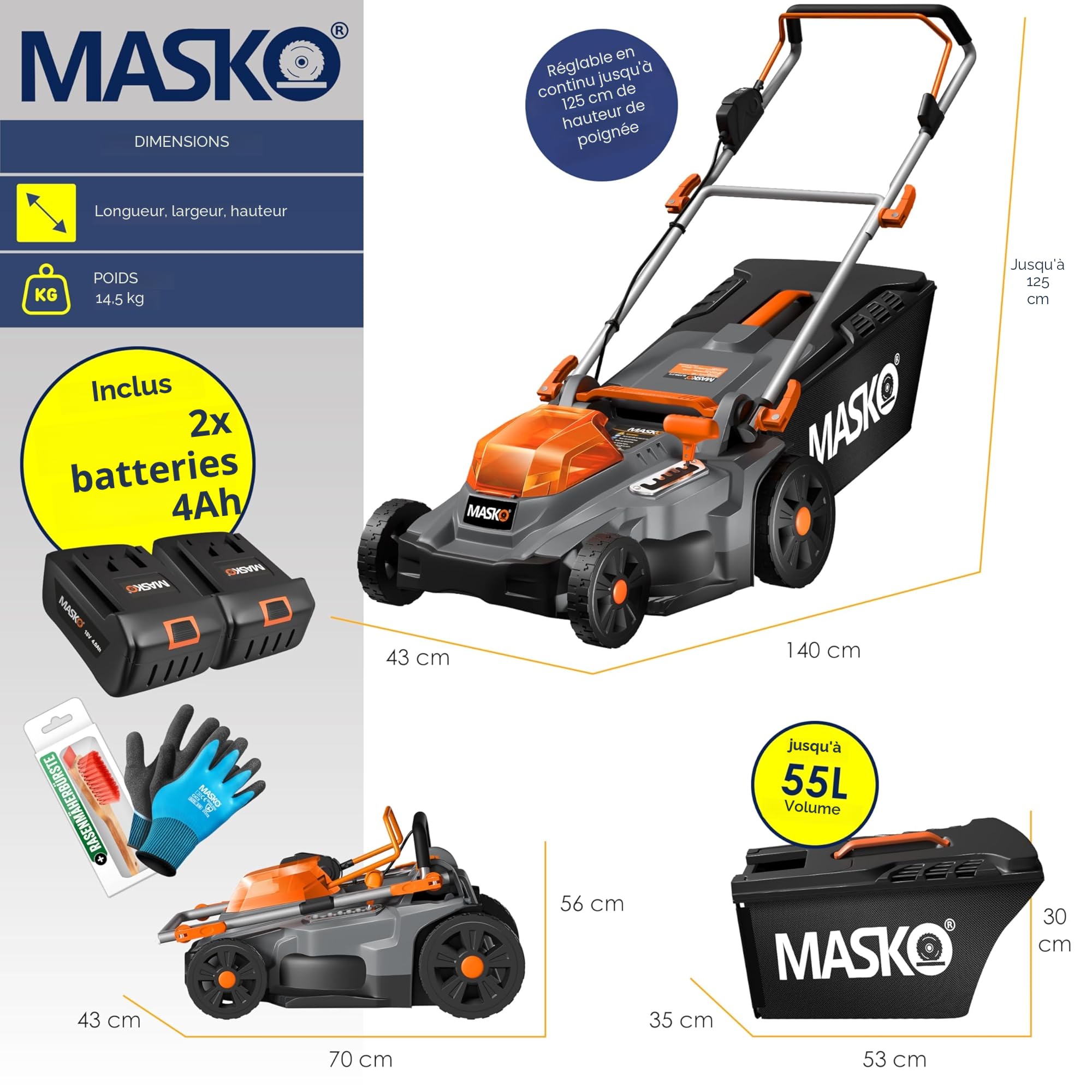 MASKO Tondeuse à Gazon Mulching 43cm 2 Batteries Double Chargeur Bac 55L 650m²