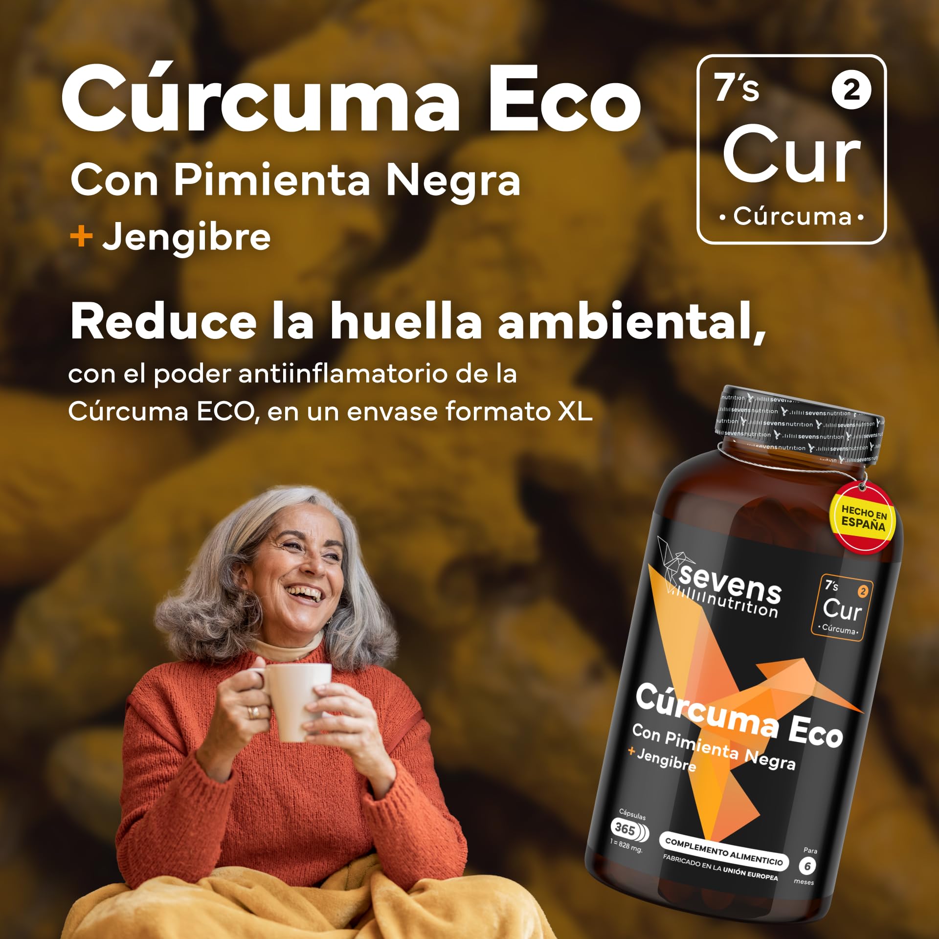 Cúrcuma con Jengibre y Pimienta Negra - 1410 mg por Dosis - 365 Cápsulas Formato Ahorro XL - Cúrcuma ECO en Cápsulas Veganas - Antiinflamatorio Natural - Apoyo Óseo y Articular - Sevens