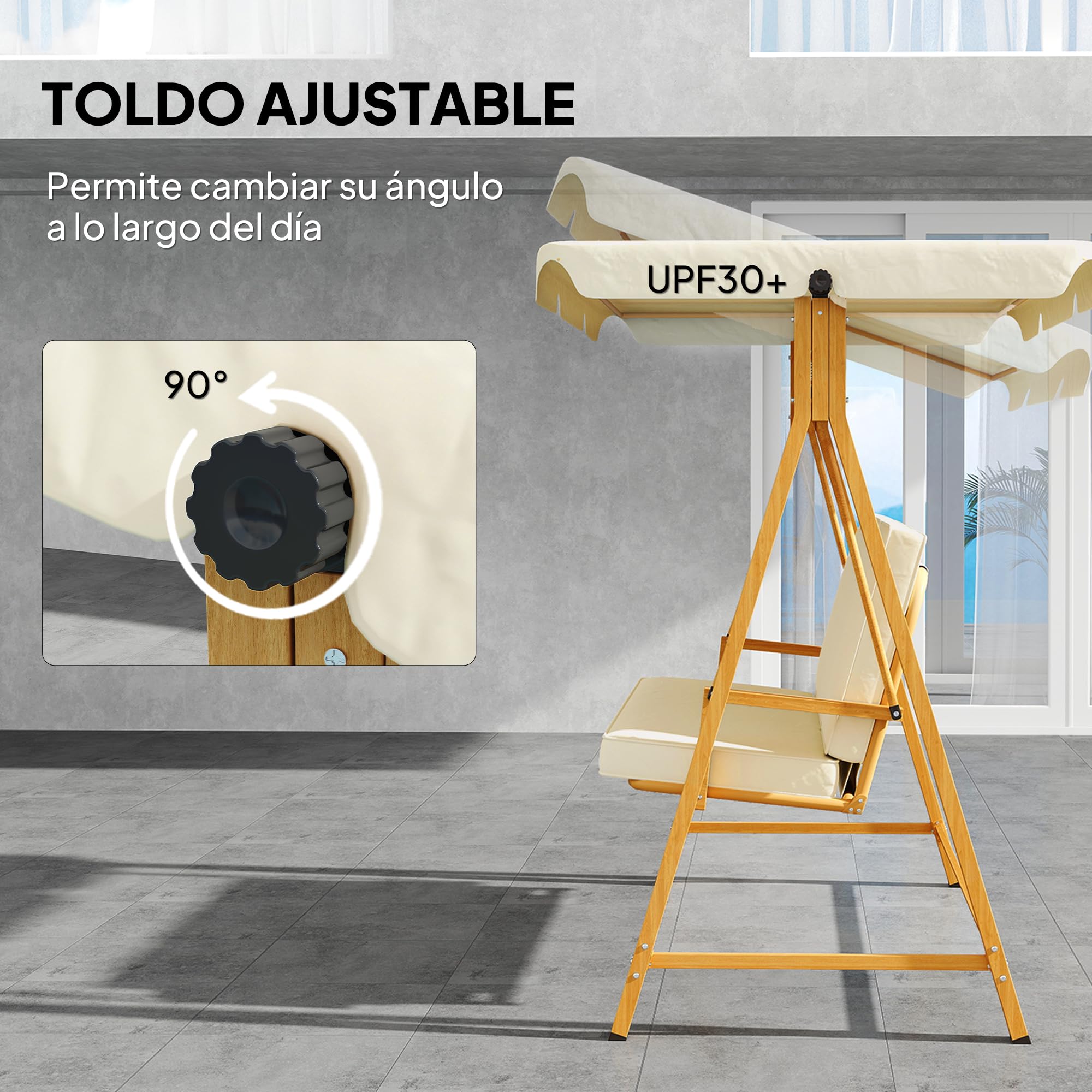 Outsunny Balancín de Jardín Exterior con Toldo Ajustable de 3 Plazas Columpio de Jardín Exterior con Cojines y Estructura con Veta de Madera Carga 330 kg 195x120x170 cm Beige