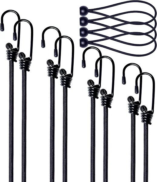 Yelier Bungee Cords with Hooks – 8pcs Bungee Cord (12", 18", 24", 36") + 4pcs 6" Ball Bungee Cords, No Irritating Odor, for Cargo, Camping, Outdoor, Tent (Black, 12" 18" 24" 36")