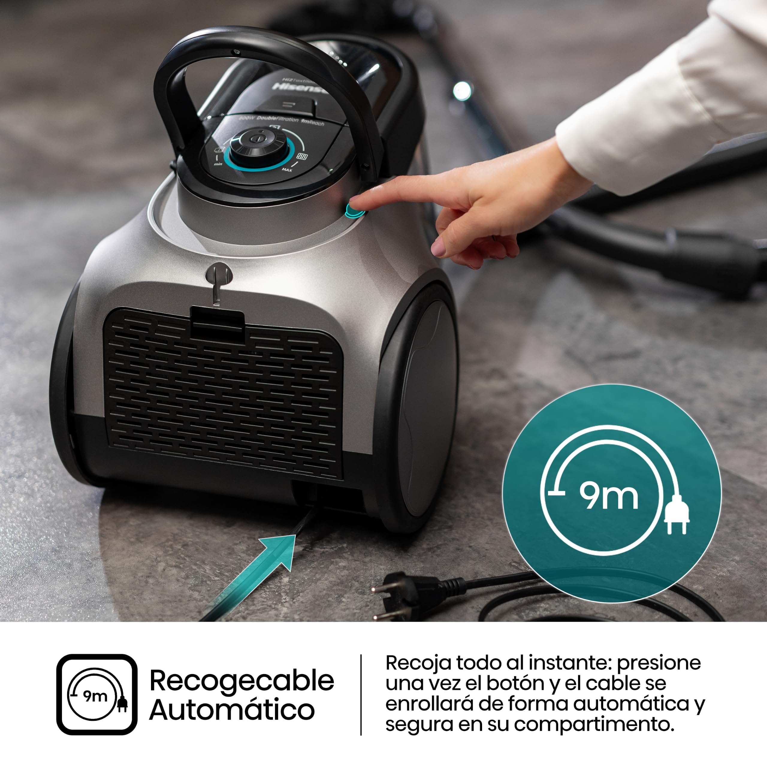 Hisense HVC20E3H2TPA Aspiradora Trineo ciclónica sin Bolsa, Cepillo HI2 Textil y Mascotas, Potente succión de 160W, Tubo telescópico metálico y Boquilla con Cepillo 2 en 1 para Suelos Duros
