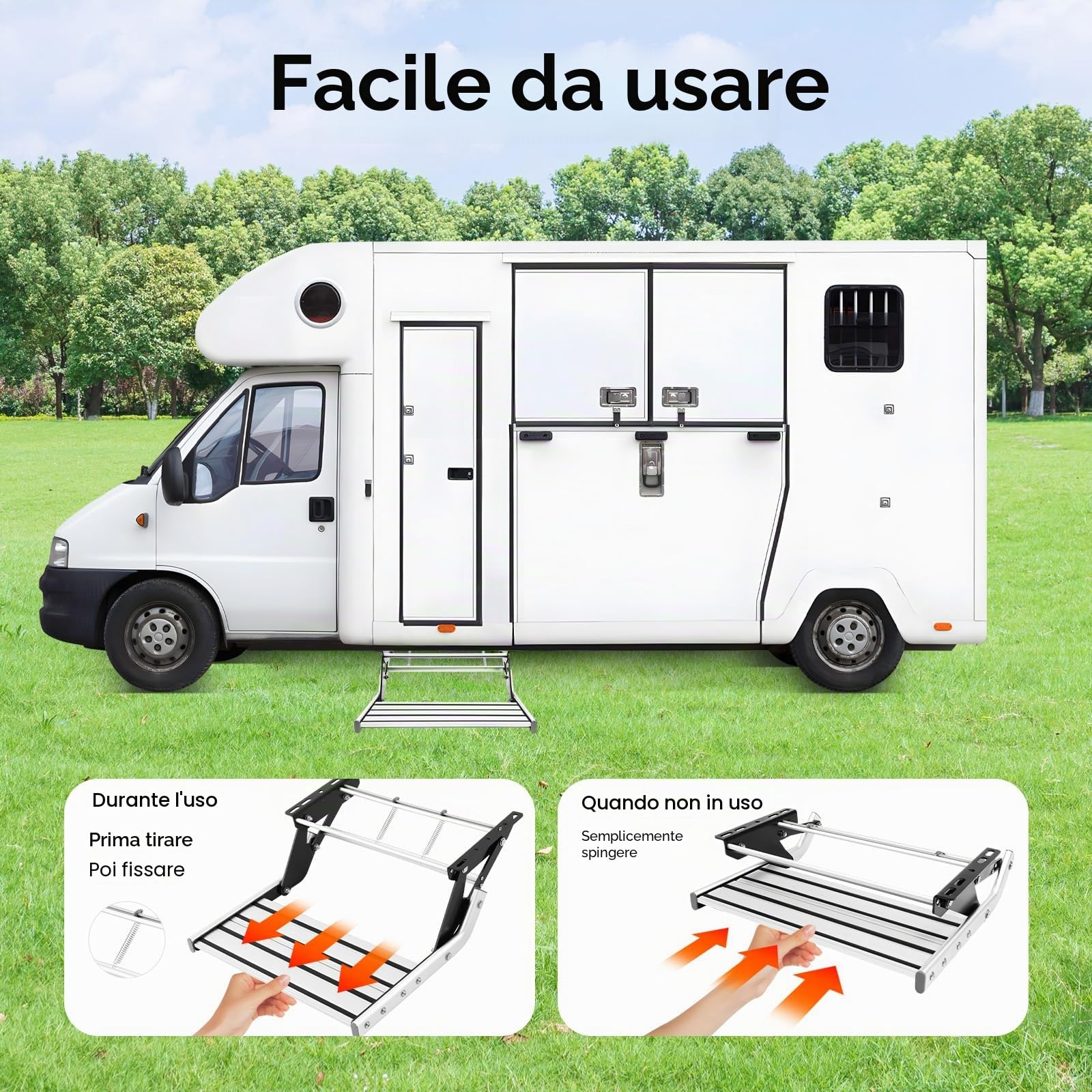 Trittstufe in Lega di Alluminio per Camper - Trittstufe Manuale Pieghevole da 55cm con Profilo Antiscivolo & Capacità di Carico 150kg, Ingresso RV per Roulotte/Camper (Argento/Nero)