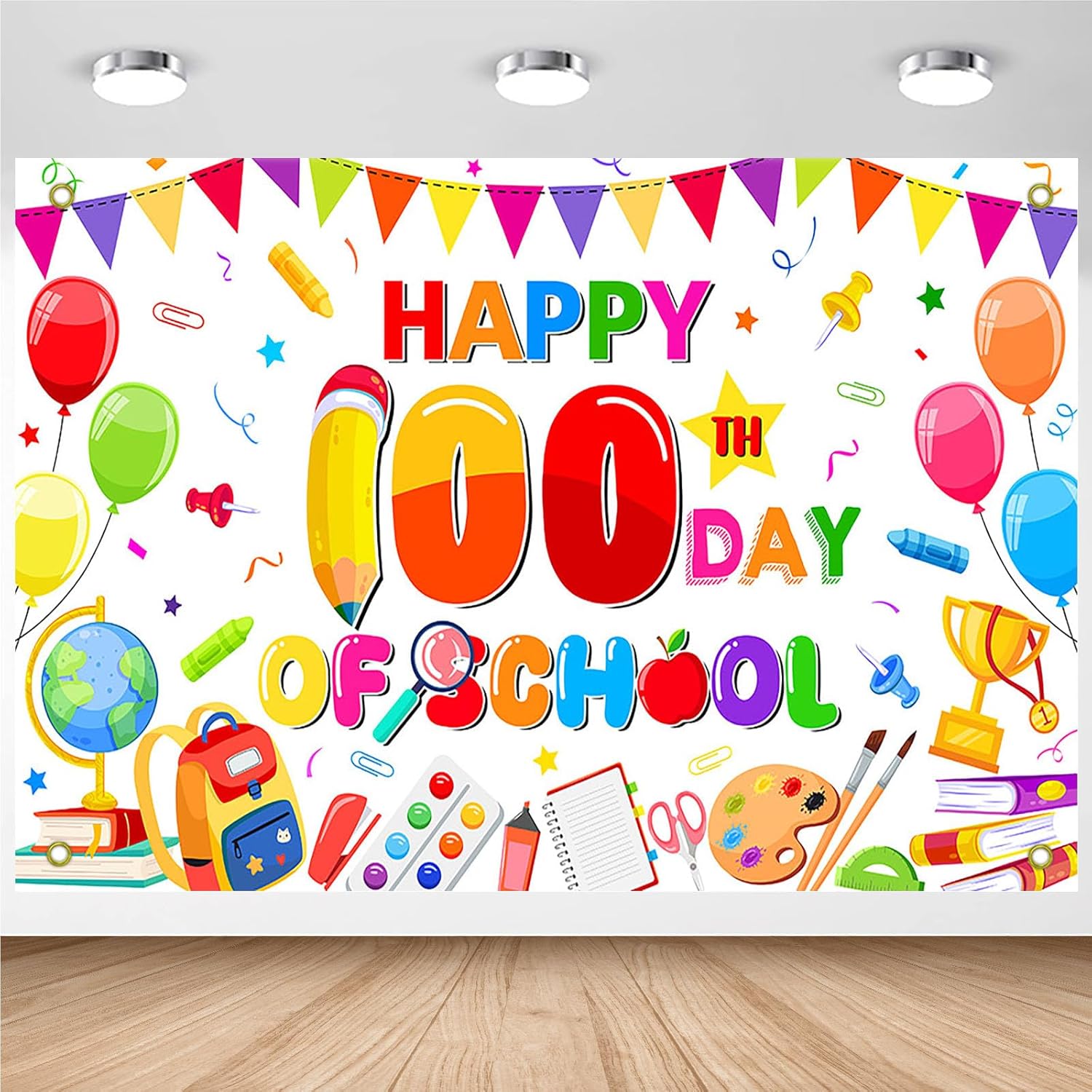Avezano 100th Day of School Banner Colorful Happy 100th Day of School Backdrop Decorations for Kids School Classroom Party Supplies (White, 7x5ft)
