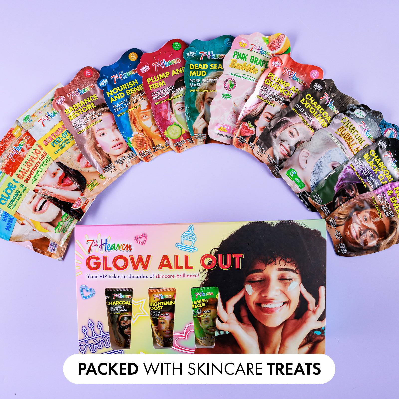 7th Heaven Glow All Out 17-Piece Skincare Gift Set - Includes Tube, Mud, Cream, Sheet and Peel Off Face Masks - Image 2