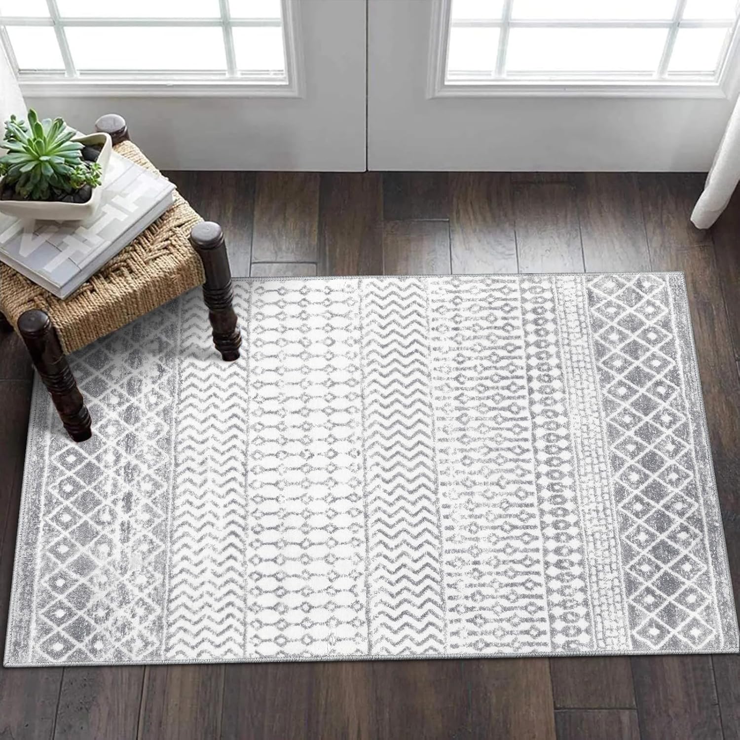 Moroccan Washable Rugs, 2x3 Grey Rug Non-Slip Small Distressed Entryway Rugs, Soft Low-Pile Bedroom Rug Indoor Doormat Carpet for Entryway Kitchen Bathroom 2' x 3' (Rectangular) Grey