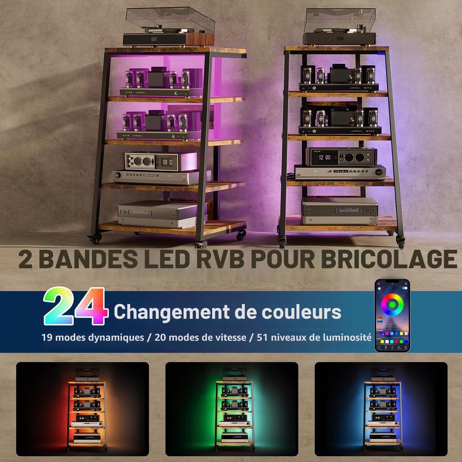 Rack HiFi 5 niveaux, platine vinyle, lumières LED, étagère réglable, bois, 60 x 52 x 110 cm