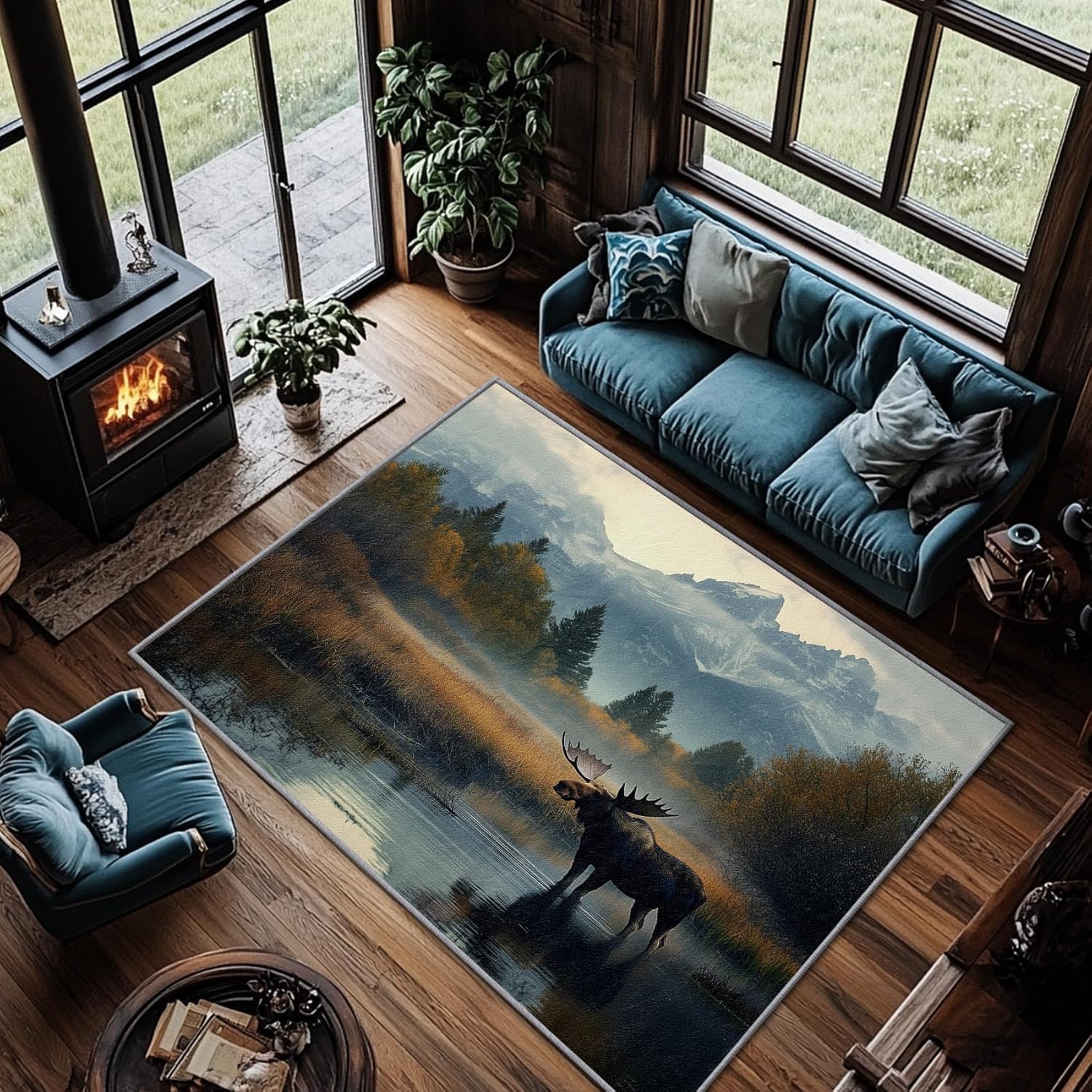 Moose Rugs for Cabin - Moose Rug, 5x7 Rug, Wildlife Nature Forest Mountain Area Rug, Wild Animal Cabin Carpet, Washable & Non Slip & Soft Large Rugs, Moose Home Decor