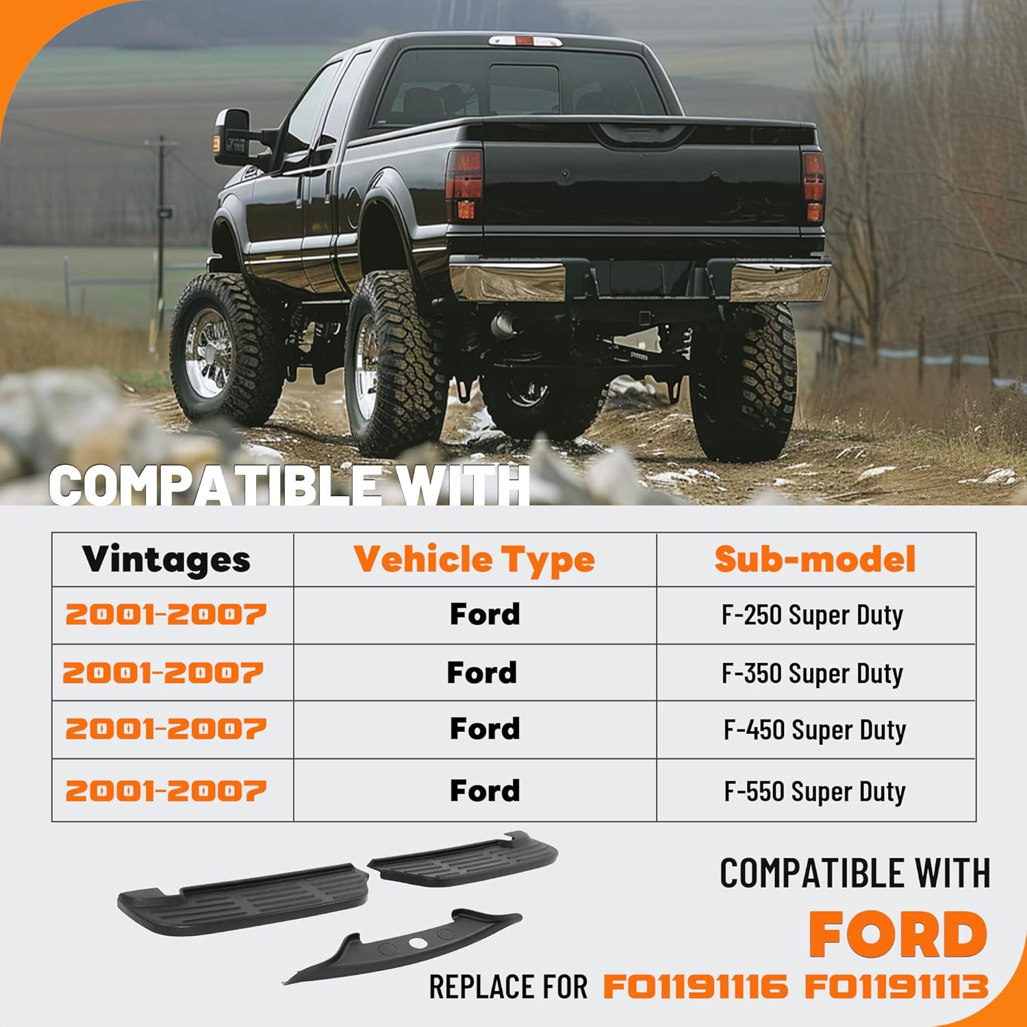 KUAFU Rear Bumper Step Pads Compatible with 1999-2007 Ford F-250/350/450/550 Super Duty Replacement for FO1191116 FO1191113 Plastic(PP) Black Lower & Upper Left + Right 3Pcs