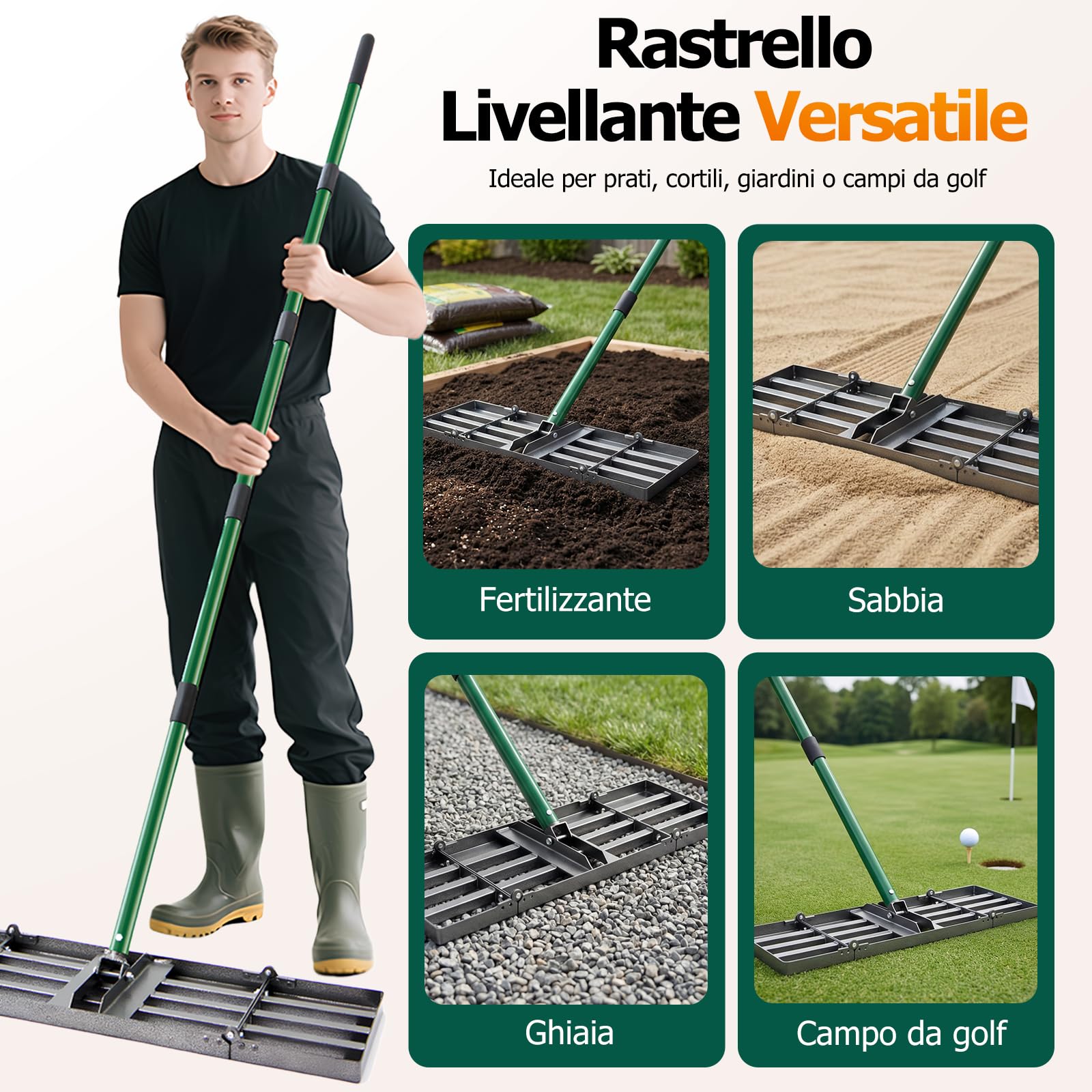 Rastrello per livellamento per prato, 76 x 25 cm, con manico regolabile da 84 a 196 cm, pieghevole, per terra, sabbia, ghiaia
