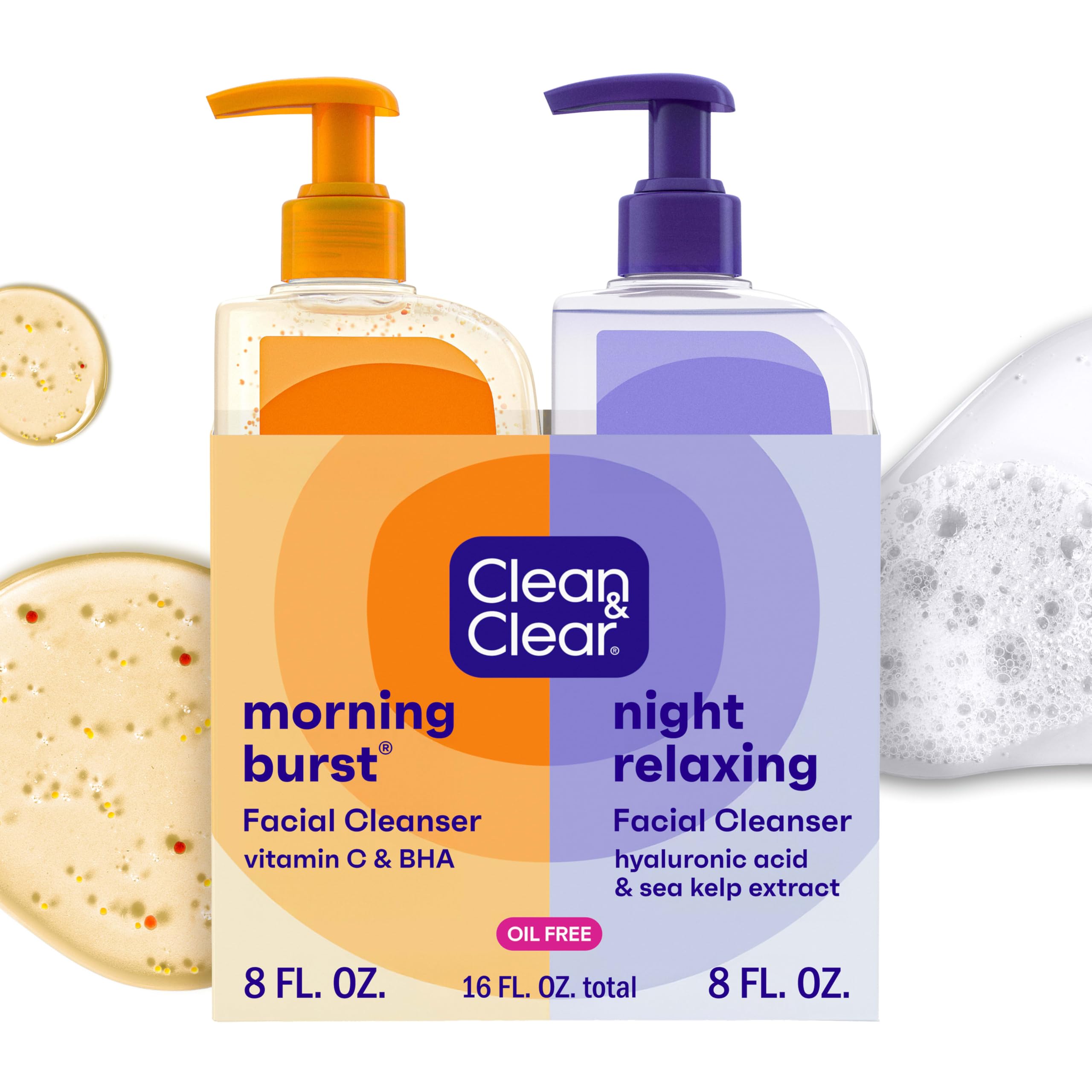 Clean & Clear 2-Pack Oil-Free Facial Cleansers with Citrus Scent, Morning Burst and Night Relaxing, 16 oz