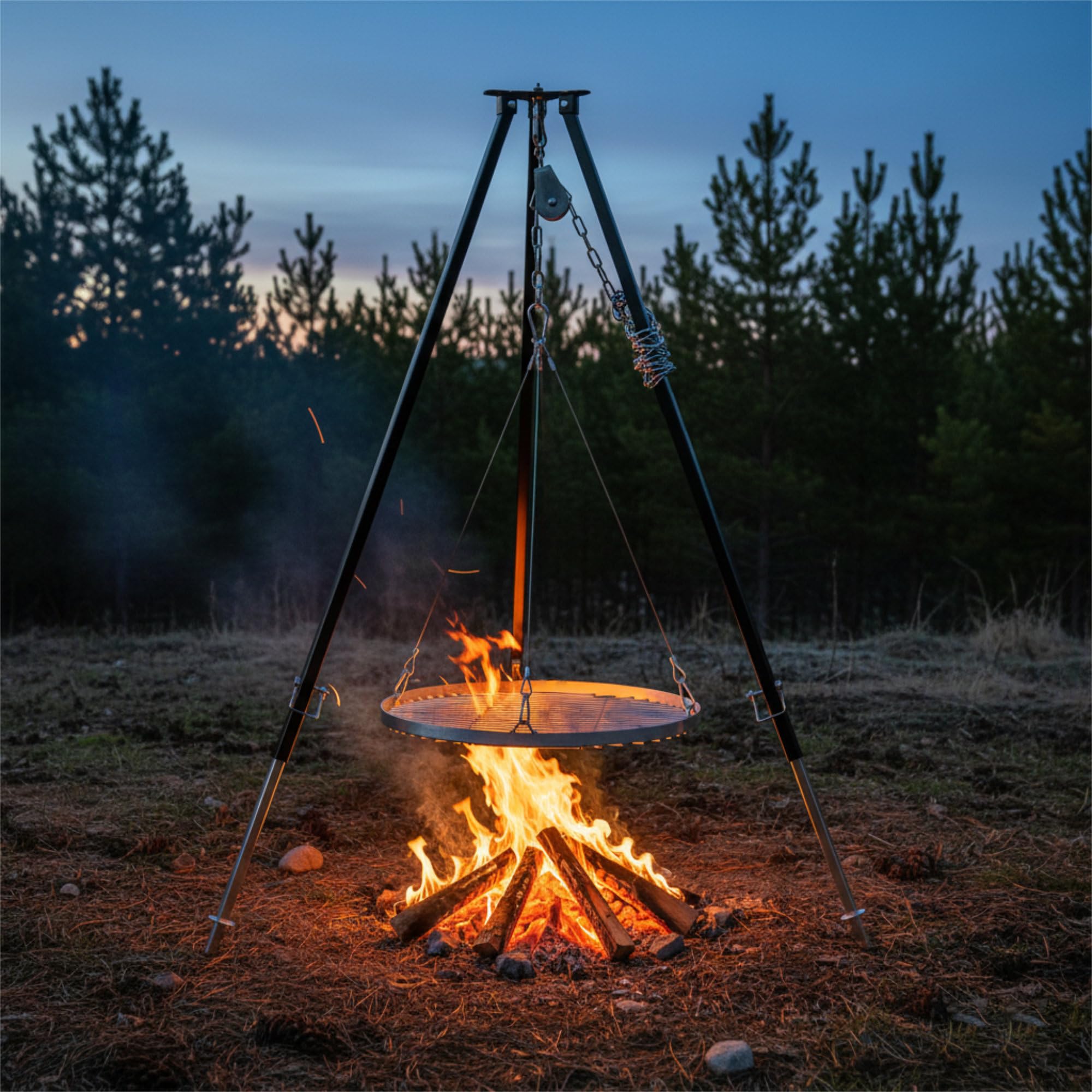 BBQ-Toro Grille à trois pattes d'un diamètre de 70 cm | 112-178 cm | Noir | Trépied pour grille pivotante | Structure en fer à trois pattes | Grille suspendue | Grille à 3 pieds