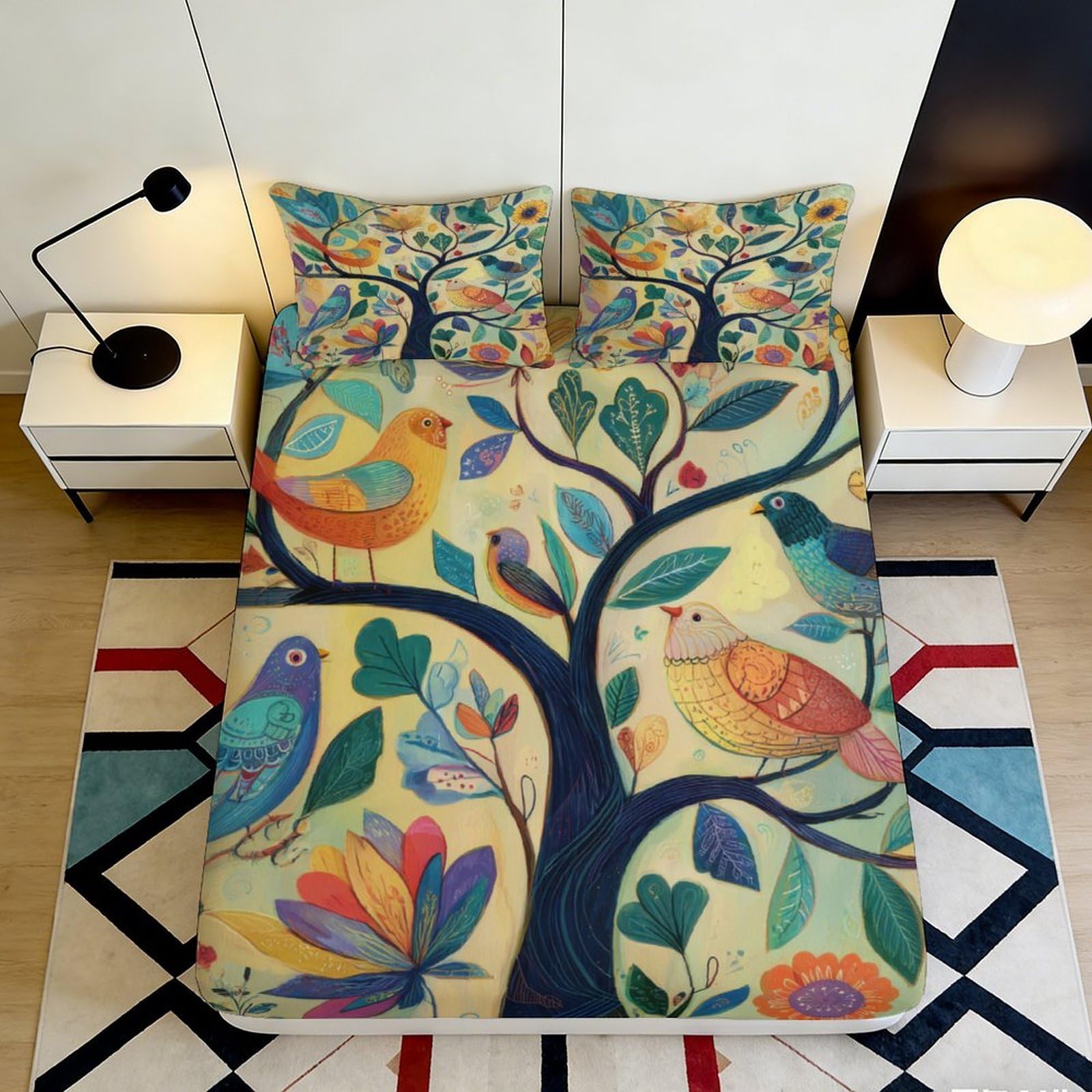 3D Printed Forest Birds Fitted Sheet Microfiber Deep Pocket Bedroom Bedding Full Wrap Forest Birds Mattress Fitted Cover Washable 90x200x25cm