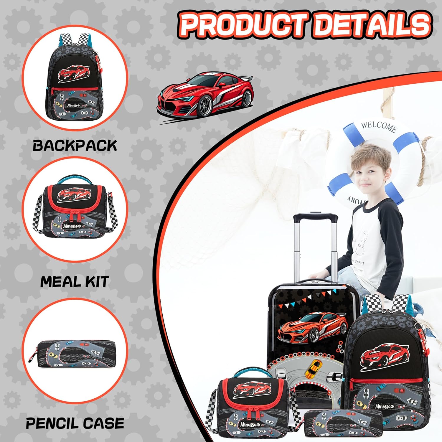 Kid's Luggage Set 5 Piece Suitcase Set 16" Hardside Luggage with Spinner Wheels Boys Carry on Toddler Travel Rolling Luggage Airline Approved
