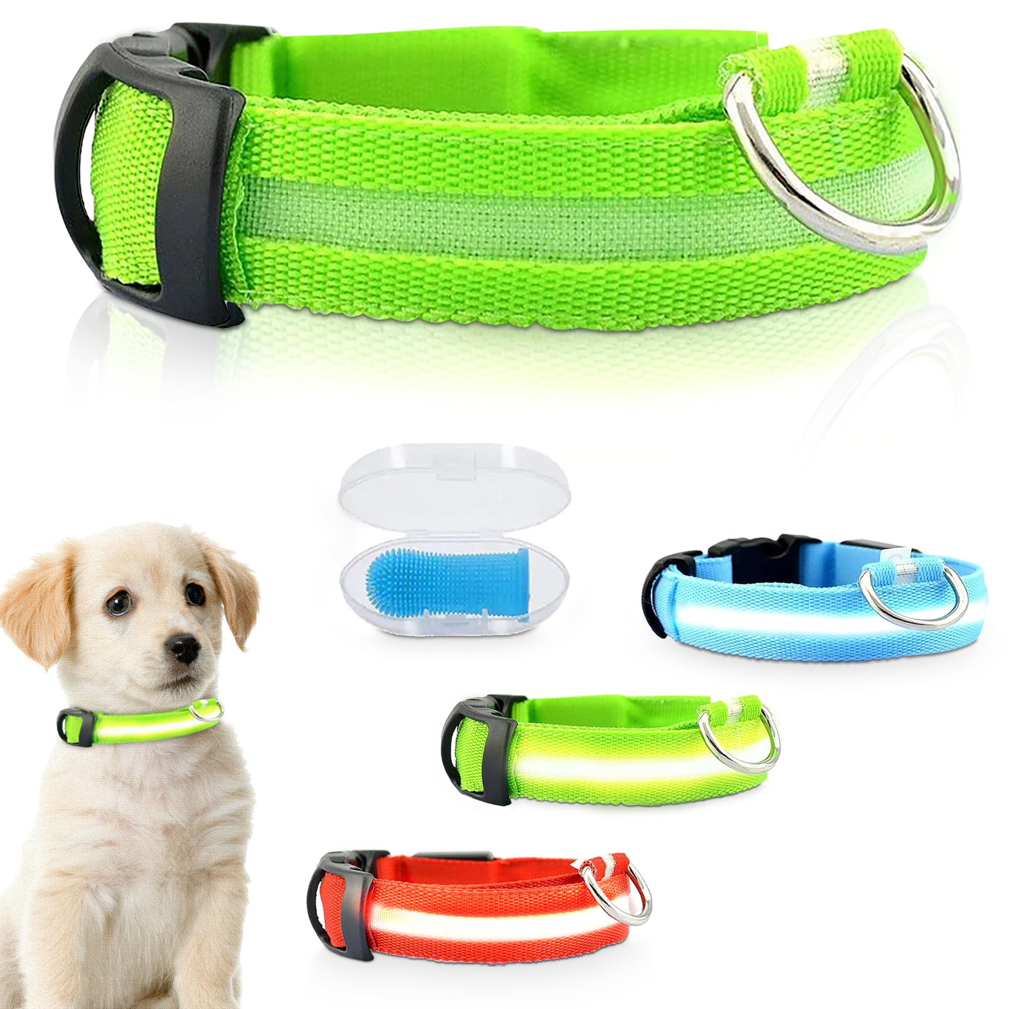 Collar Luminoso Perro con Batería Recargable USB y Cepillo de Dientes de Regalo, Collar Perro Luz Impermeable con 3 Modos de Iluminación, Collar LED Perro Grande Mediano Pequeño (S, Verde)